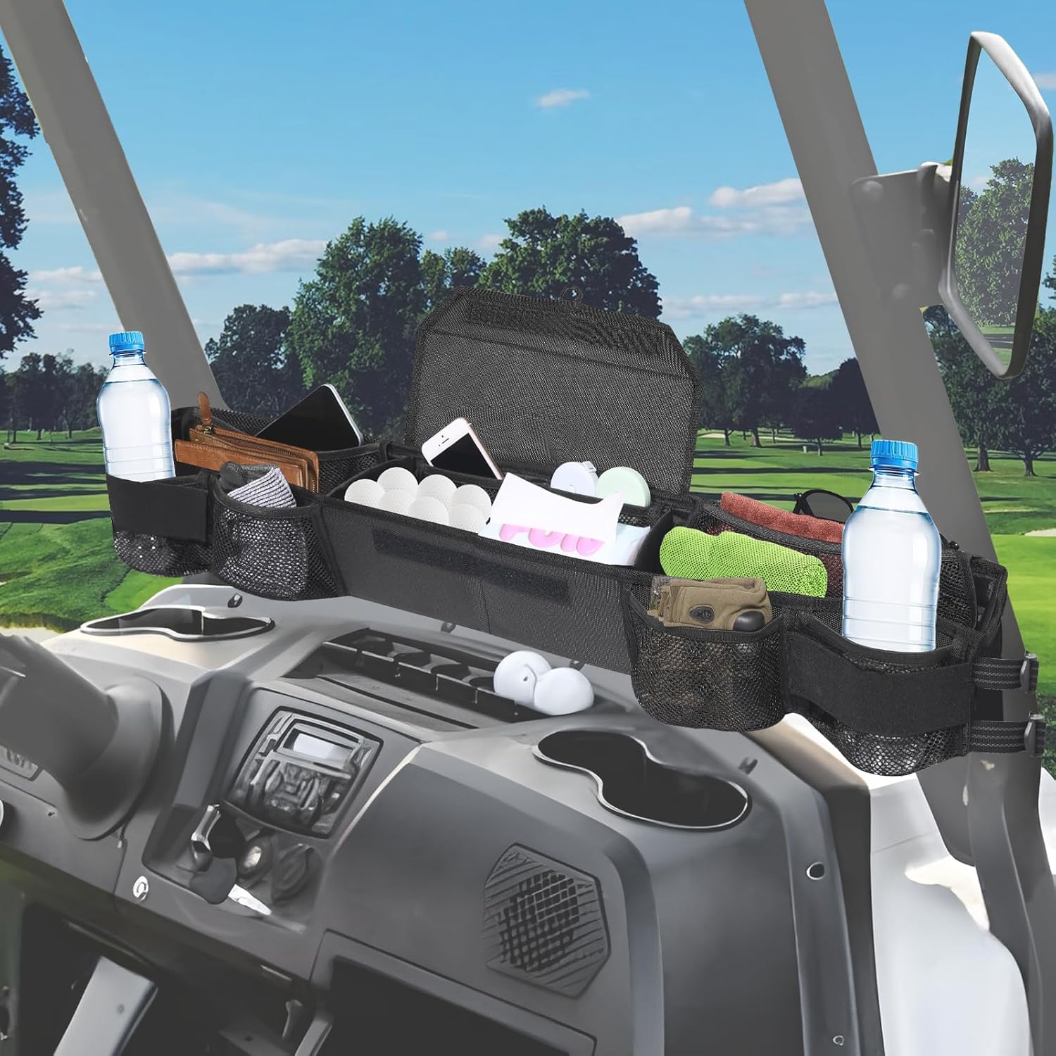 StarknightMT Universal Golf Cart Front Storage Basket,Foldable Dash Tray Organizer, No Drill Golf Cart Organizer Compatible with EZGO Club Car Kandi Electric Golf Cart Yamaha, 1680D Oxford Fabric