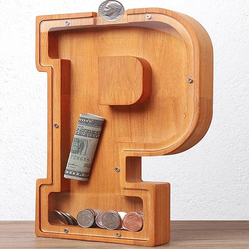 Miniatura 14 de Alcancía de Letras de Madera para Niños y Niñas, Banco de Dinero Grande de 26 Alfabetos, Banco de Monedas Transparente para Ahorrar con Nombre