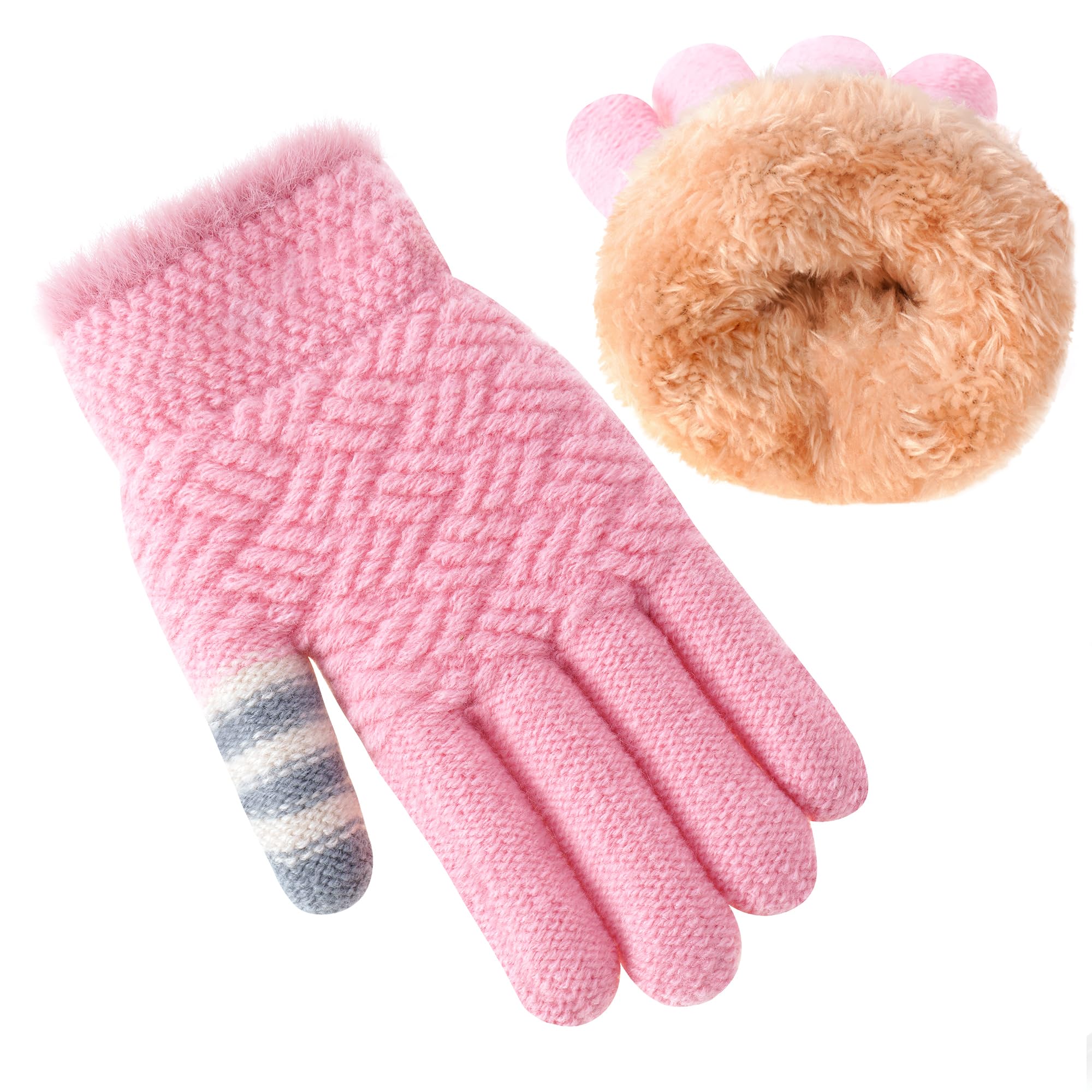 FENELY Winter Gloves for Boys Girls - Kids Warm Knit Thermal Cable Knitted Gloves Wool Fleece Lined Mittens for Cold Weather