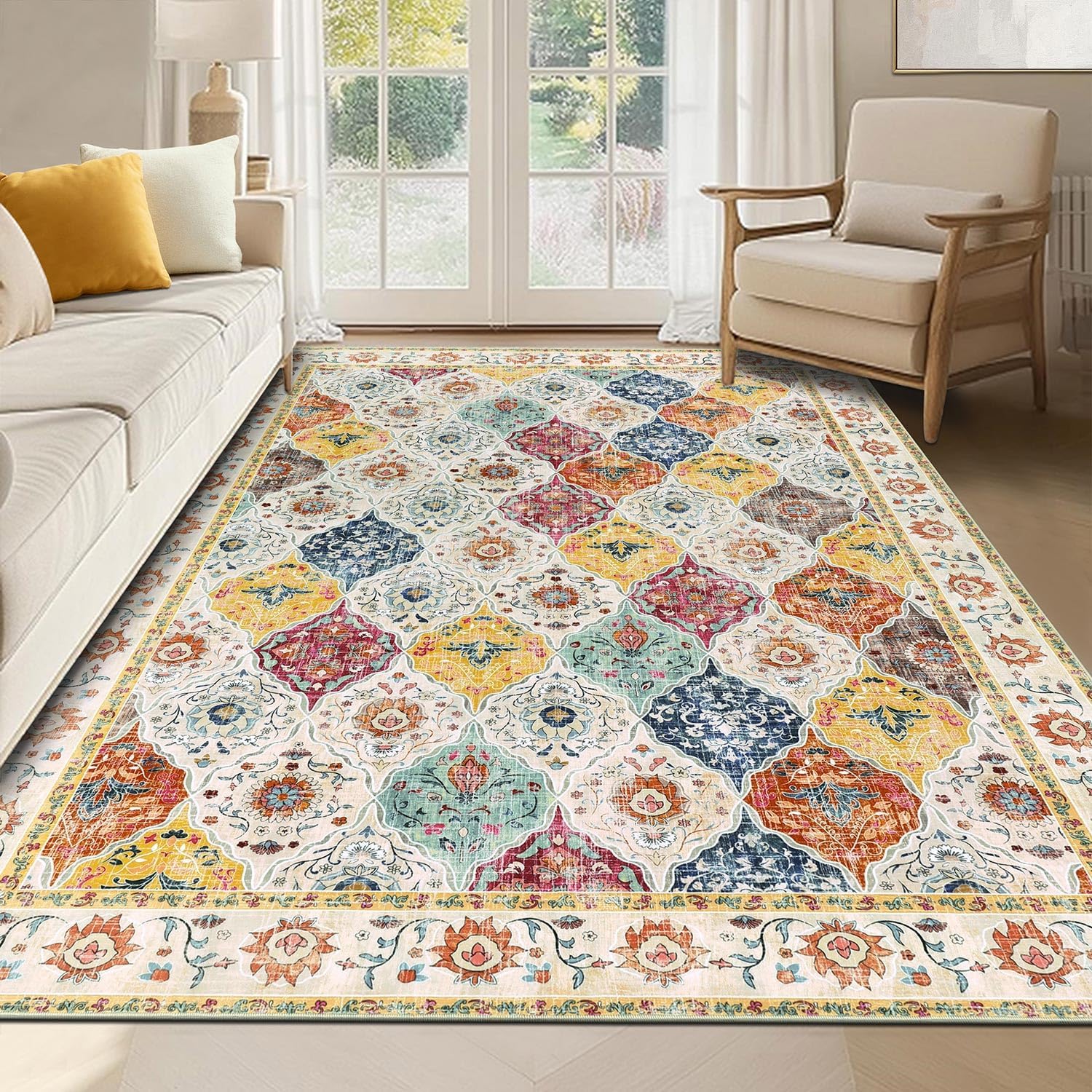SHACOS Washable Rugs Living Room Small Shaggy Soft Rug Boho Moroccan Carpet Traditional Floral Rug Non Slip Vintage Area Rug for Bedroom Dining Room, 90x150 cm, ColourfulOEKO-TEX STANDARD 100