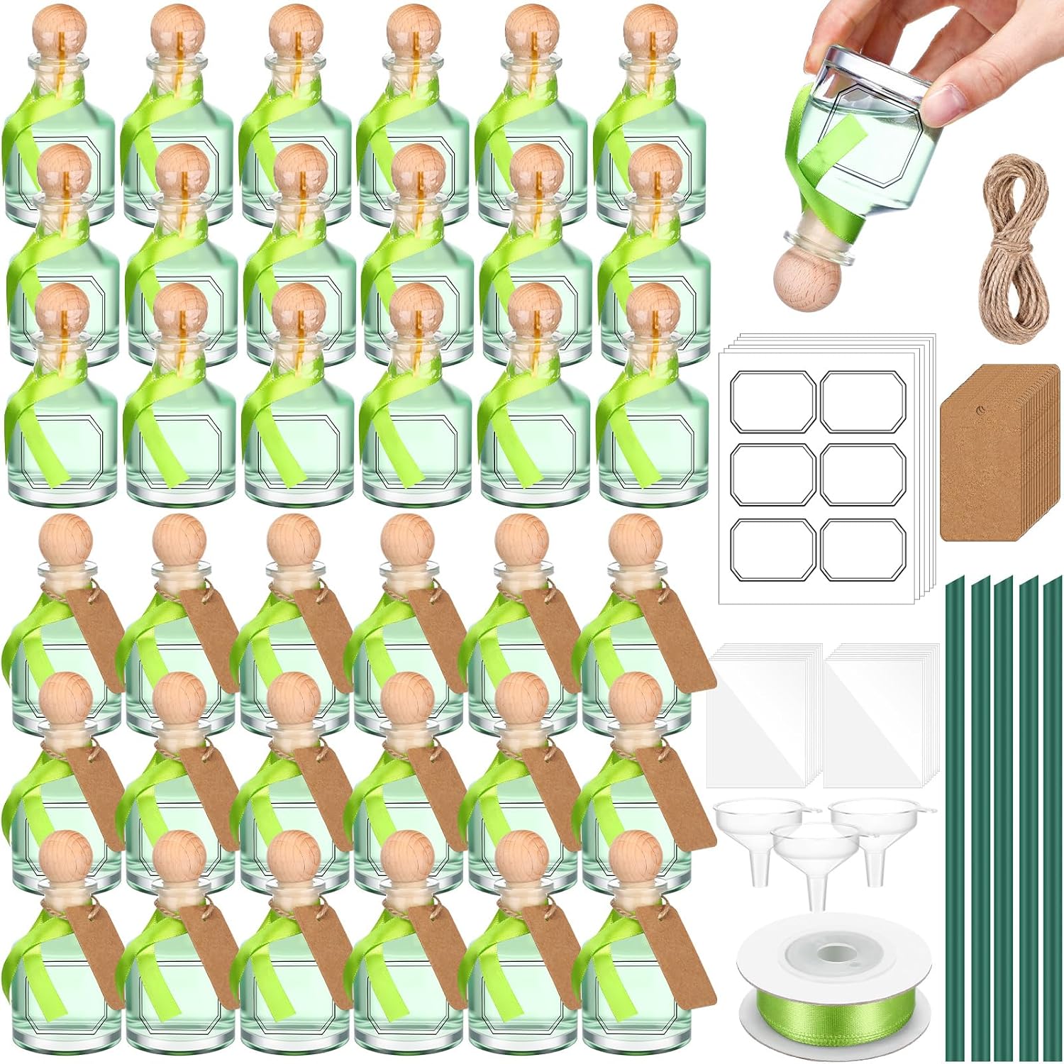Baderke 12 Pcs 50 ml /1.7 oz Liquor Bottles Empty for Drinks Mini Tequila Shot Bottles with Cork Lids Green Ribbon Reusable Glass Bottle for Weddings Party Favors DIY Crafts(50ml/1.7oz)