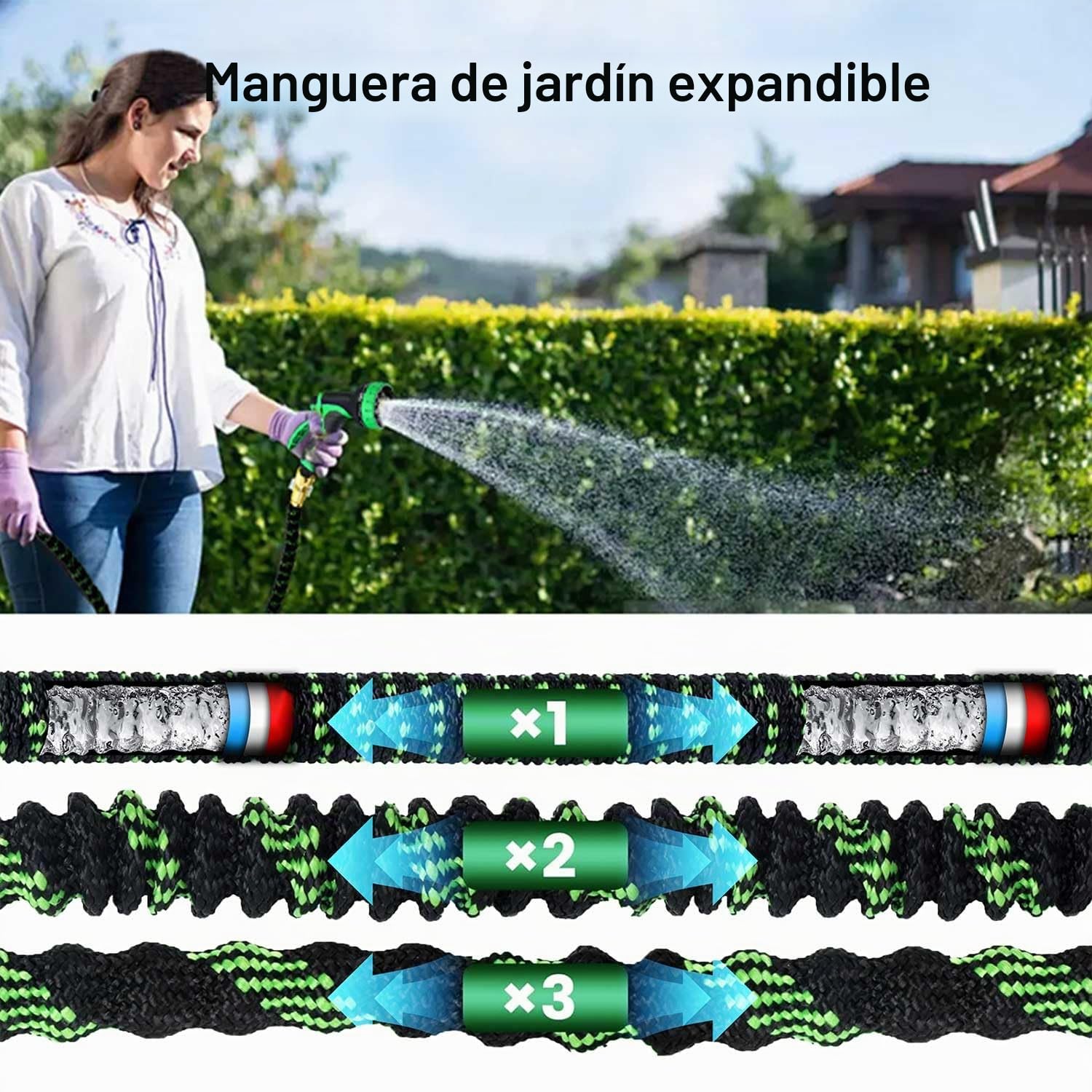 Manguera de Jardín de 200FT/60M, Manguera de Jardín Extensible con Conectores de 3/4" y 1/2", Antitorsiones y Antifugas, Boquilla Rociadora de 10 Funciones para Riego de Jardines y Lavado