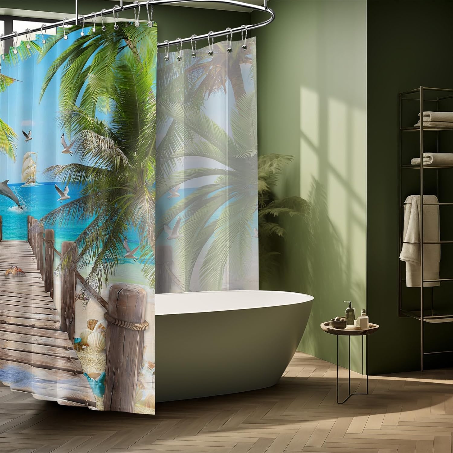 Summer Beach Shower Curtains for Bathroom Palm Tree Nature Ocean Sunset Scene Bath Decor Sets, Waterproof Cloth Fabric with Hooks 108x72 inch