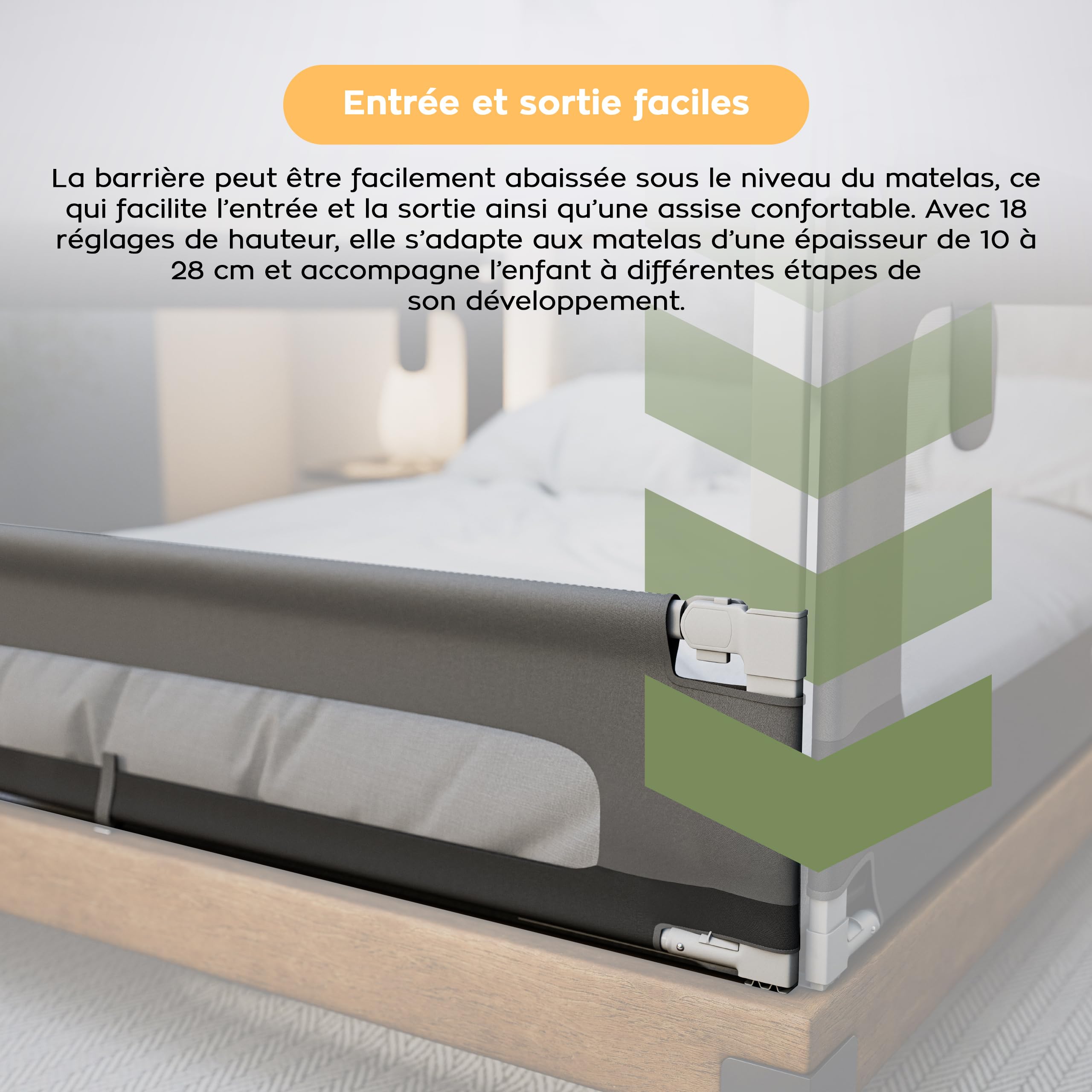 TULANO Cover 44 Barrière de lit Enfant 140 cm, avec Poche latérale, Gris