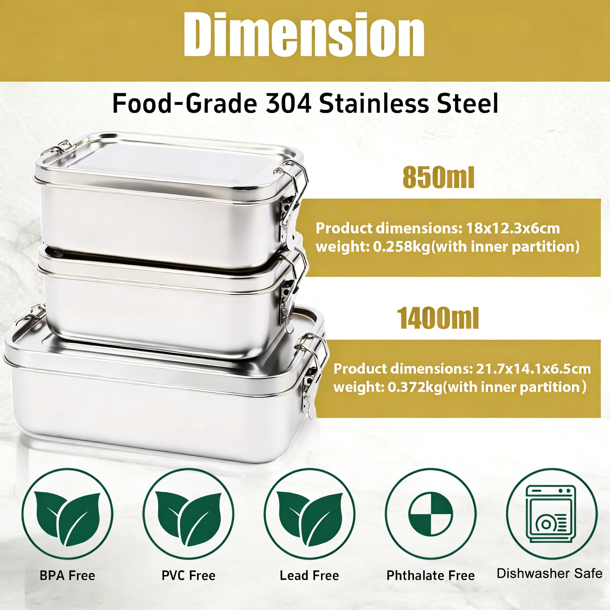 304 Bento pudełka ze stali nierdzewnej z przegródkami, zestaw 3 sztuk, pudełko na lunch ze stali nierdzewnej, 1400/850/850 ml, szczelne pudełko na lunch dla dzieci i dorosłych, pudełko na