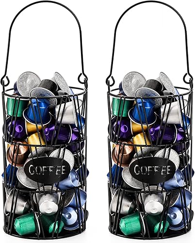 ZENFUN Paquete de 2 soportes para tazas K, soporte de alambre de metal para cápsulas de café, cesta de almacenamiento de café con asa, contenedor de