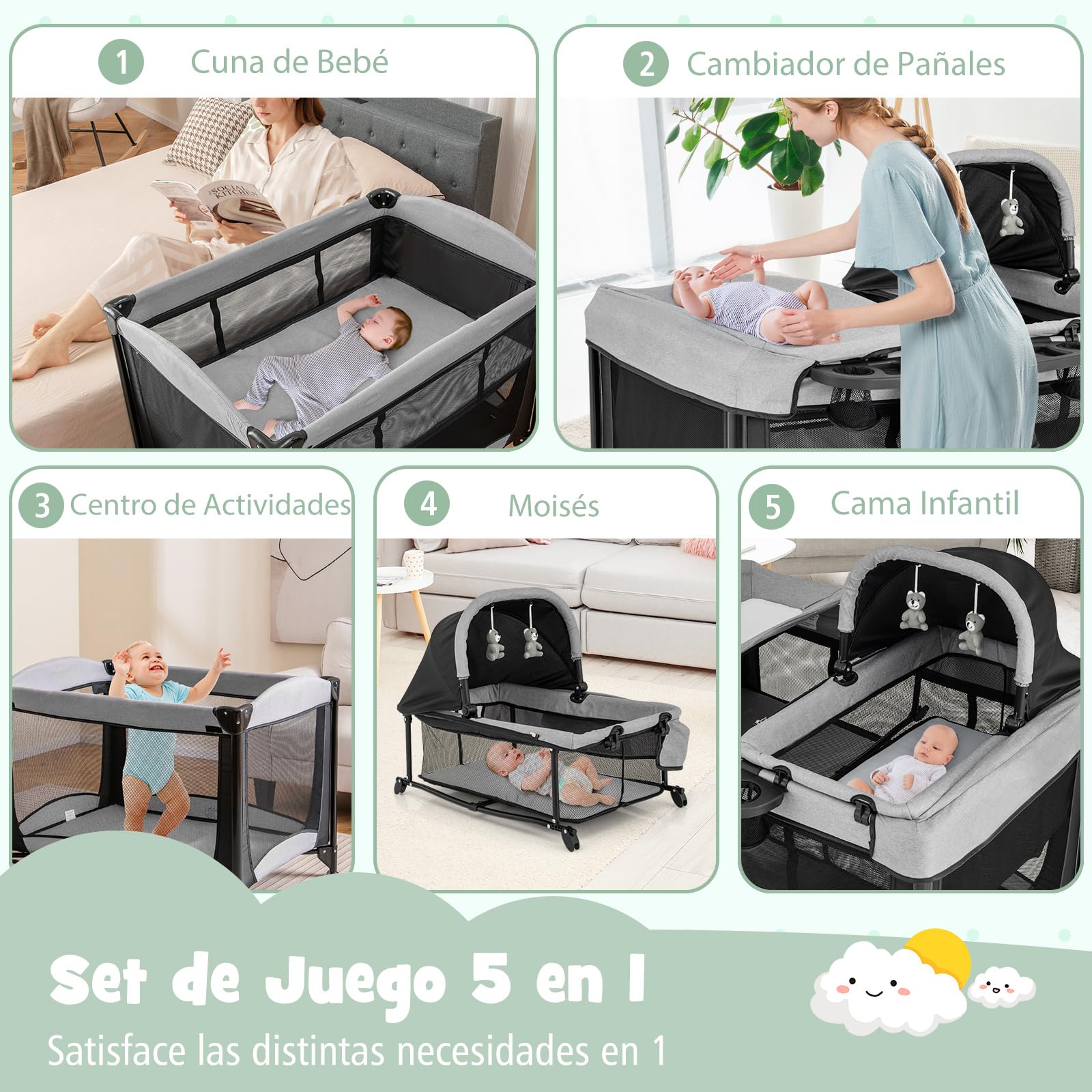 COSTWAY 5 en 1 Cuna de Viaje para Niños, Centro Infantil Portátil con Cuna,Cuna y Cambiador de Pañales, Juego para Bebés y Colchón Extraíble, Cesta de Almacenamiento, 2 Ruedas Bloqueables (Negro)