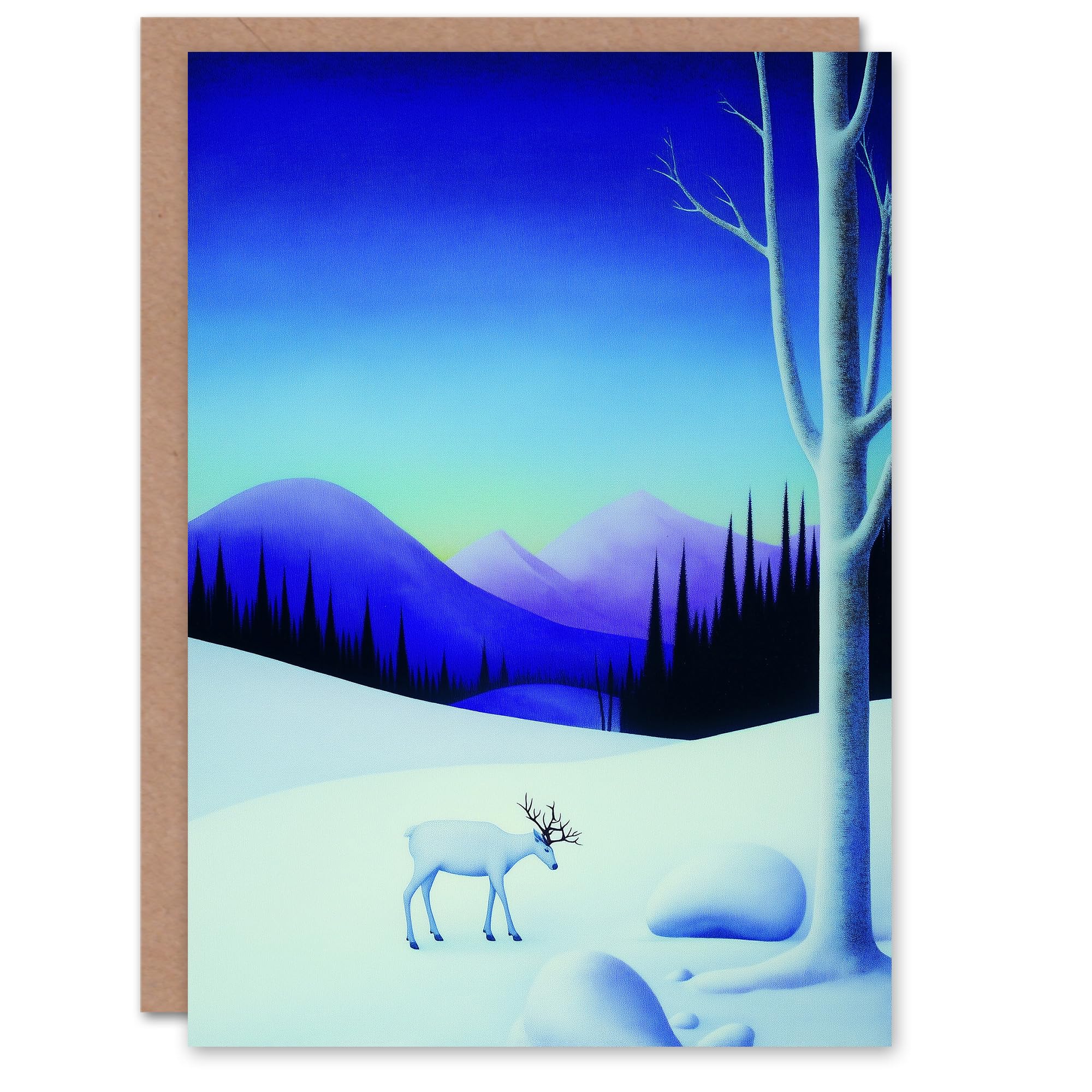 Wee Blue Coo Greeting Card White Reindeer in Snow Winter Mountain Landscape Blank For Him Or Her Art Xmas Christmas Card