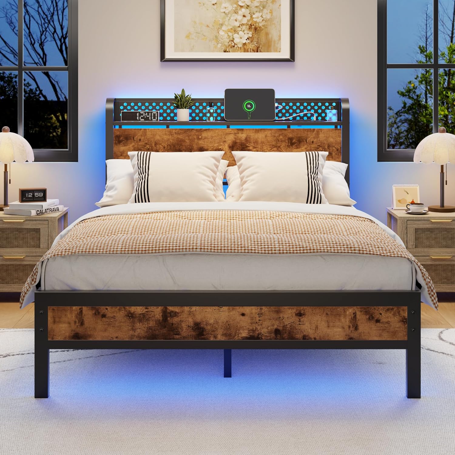 Furnulem Full Size Bed Frame with Storage Headboard, Industrial Platform Bed with Charging Station and LED Lights, Heavy Duty Metal Slats, No Box Spring Need, Noise Free