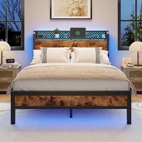 Furnulem Full Bed Frame with Headboard,Charging Station and LED Lights