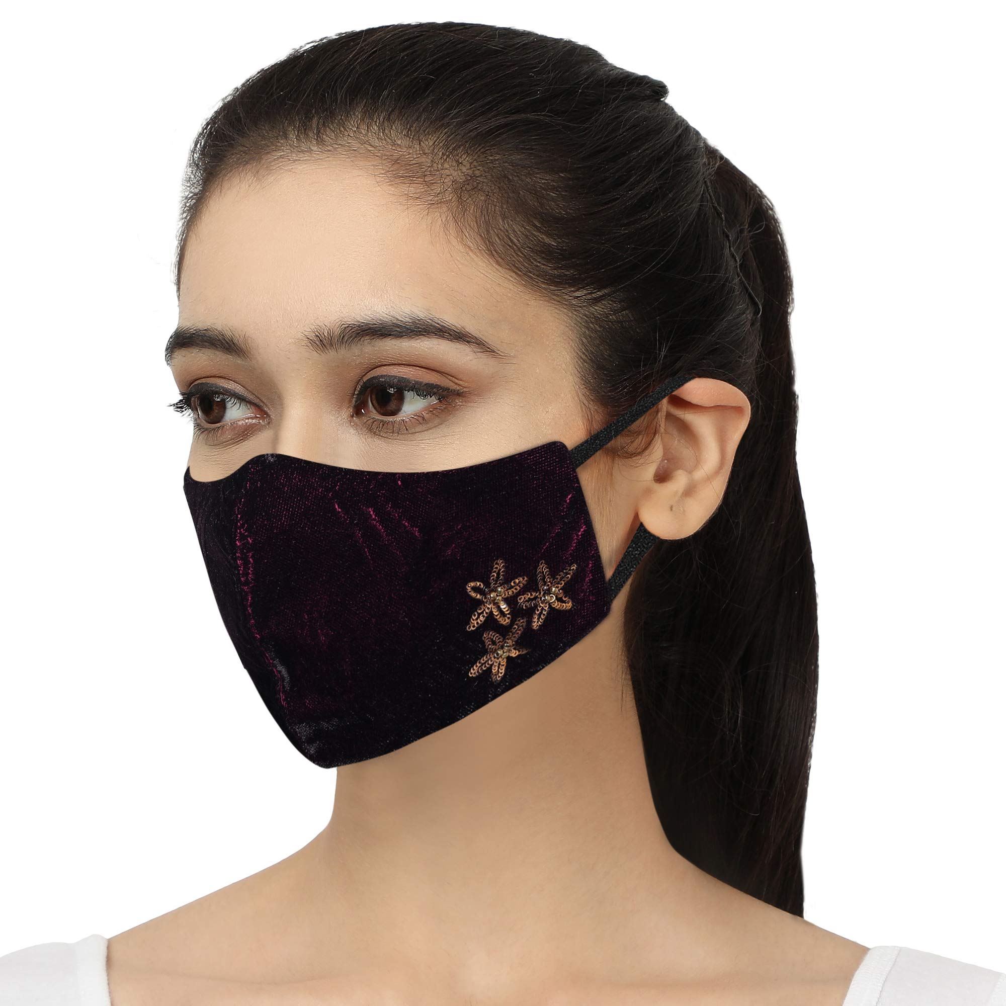 MASQ by Q-One 4 Layer Reusable, Washable Velvet Cloth Face Mask Combo for Women with Detachable Chain & Mask Bag (Multicolor)