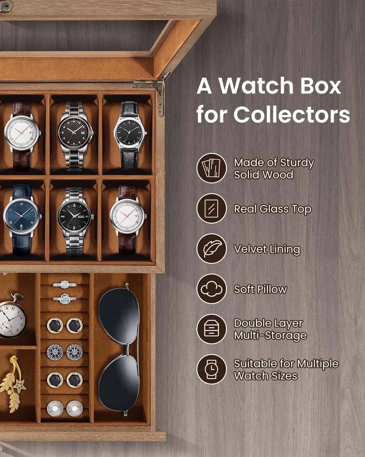 Uten Uhrenbox mit 12 Fächern, 2 Ebenen Uhrenkasten aus Massivholz mit Glasdeckel, Uhrenkissen Seidenbaumwolle, Schmuckaufbewahrung, Geschenkidee，Braunes Futter