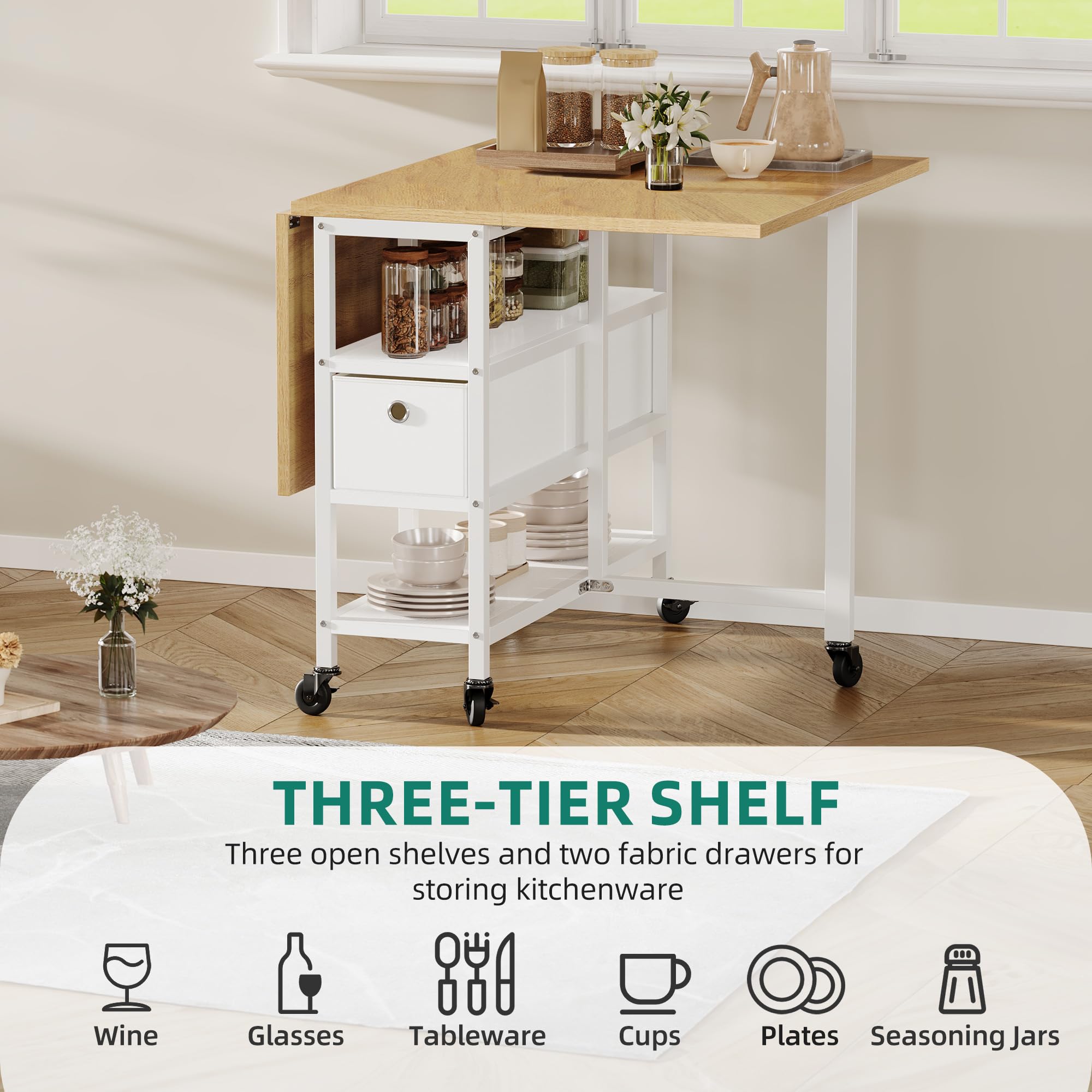 YITAHOME Table de Salle à Manger Pliable, Table Rabattable Mobile avec 6 roulettes et tiroirs de Rangement pour Petits espaces, Cuisine, Salle à Manger, Chêne Jaune et Blanc