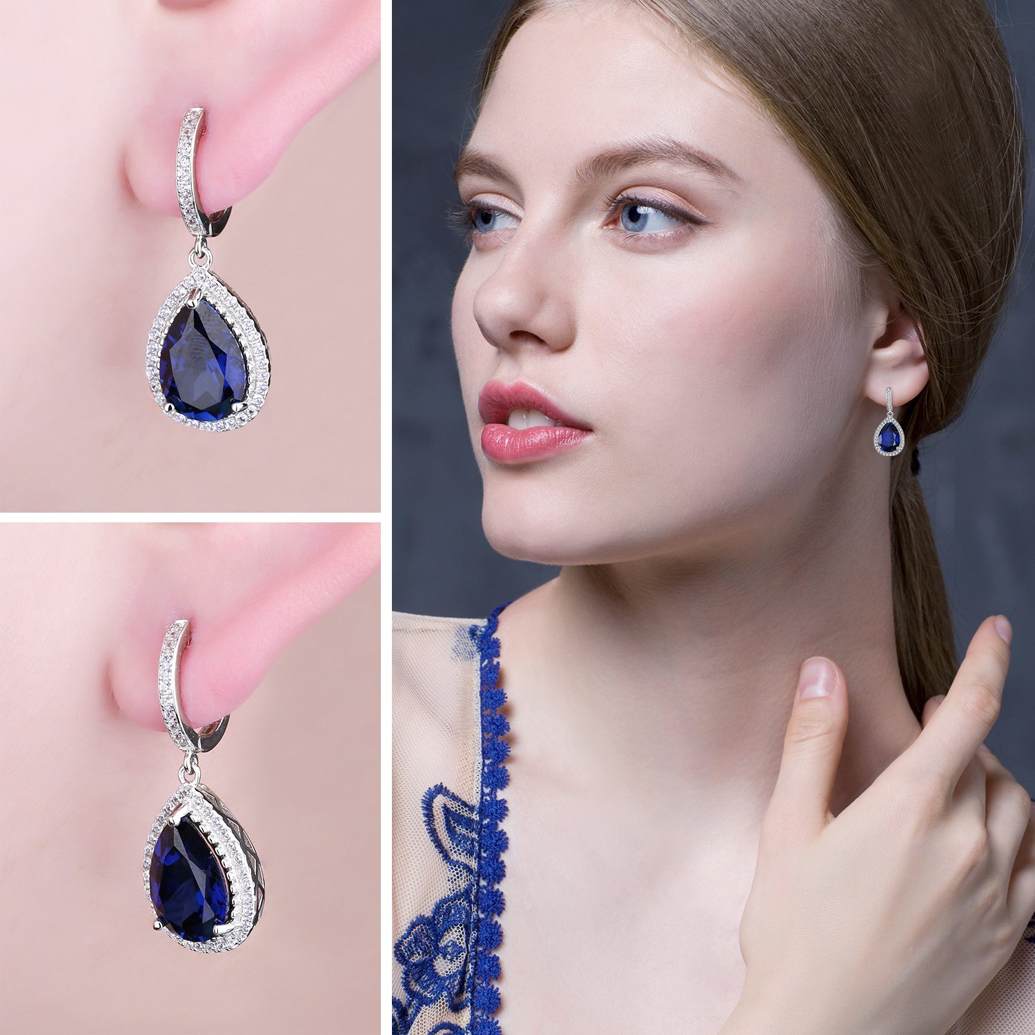 JewelryPalace Halo Pendientes Colgantes Mujer Plata Oro 14k Oro Rosa, Pendientes de Gota con 12.4ct Zafiro Azul Creado Corte Pera, Pendientes Largos Niña con Piedras, Joyas Mujer