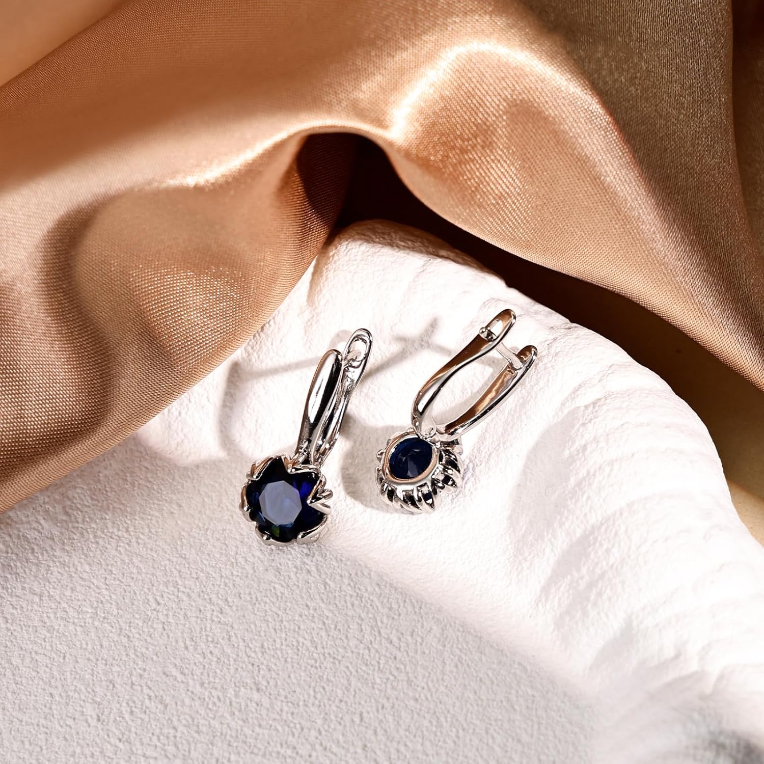 Flower Bud Earrings for Women Round Birthstone Sterling Silver Huggie Hoop Earrings Handmade Hypoallergenic Unique Jewelry - Sapphire & Emerald - Image 5