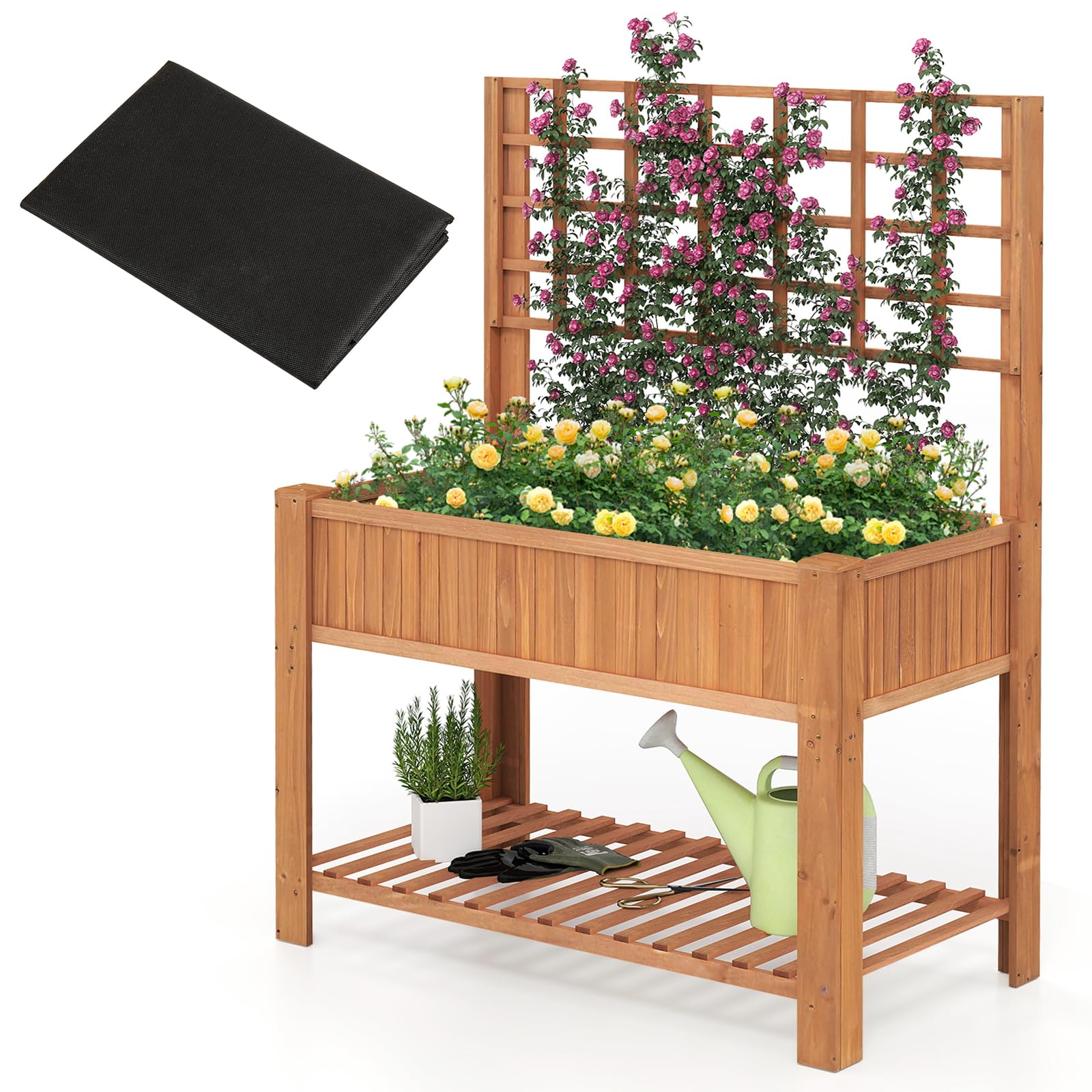 HOMASIS Jardinera Elevada con Celosía sobre Pie,Huerto Urbano Terraza,Bandeja de Plantas de Madera para Planta Trepadora con Estante de Almacenamiento y Agujeros de Drenaje， (Marrón, 116x59x150cm)
