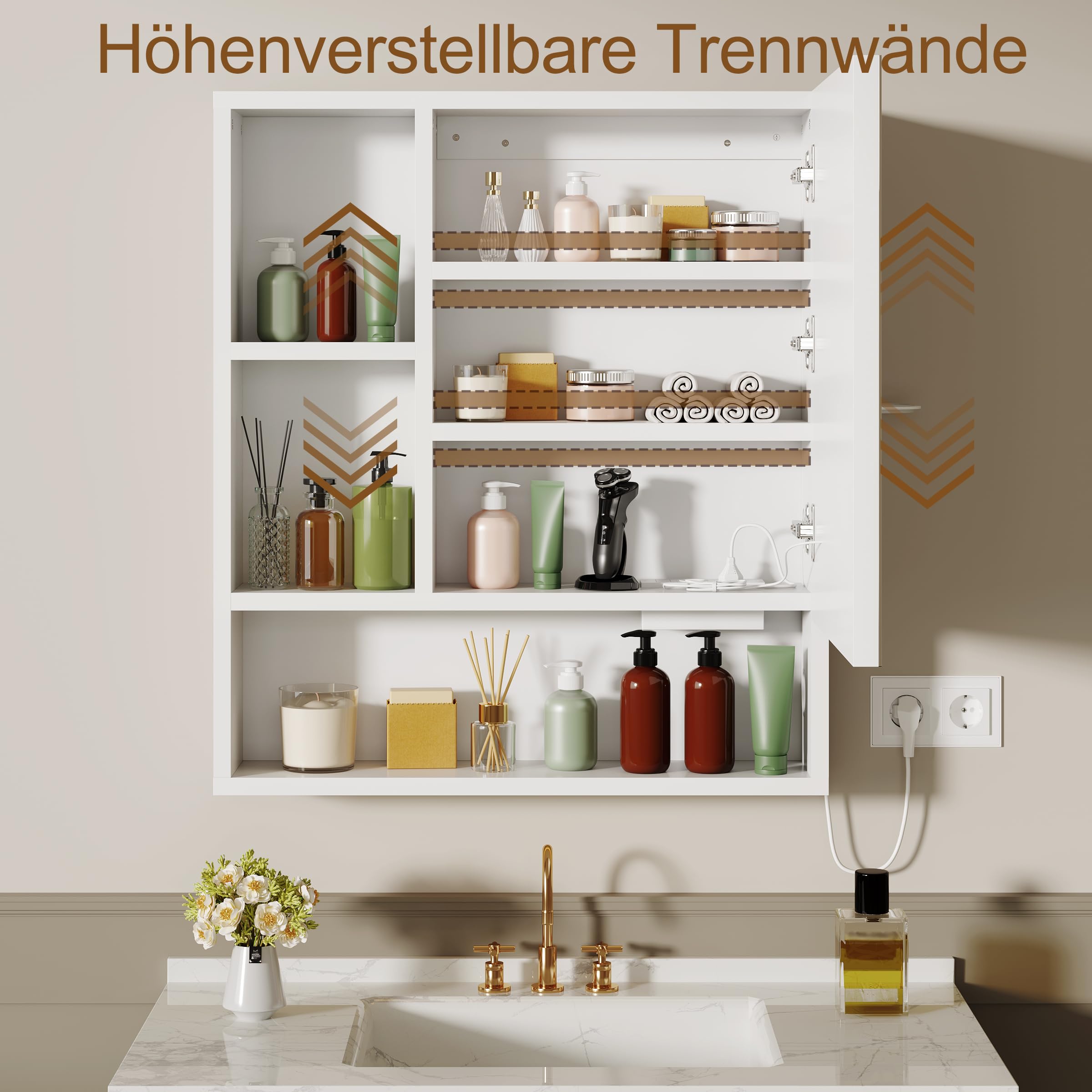 Spiegelschrank Bad mit Beleuchtung und Antibeschlag Funktion Hängender Badezimmer Spiegelschrank mit Zeit- und Temperaturanzeige,Steckdose,Haartrocknerständer und 6 Staufächer,70x80x16 cm