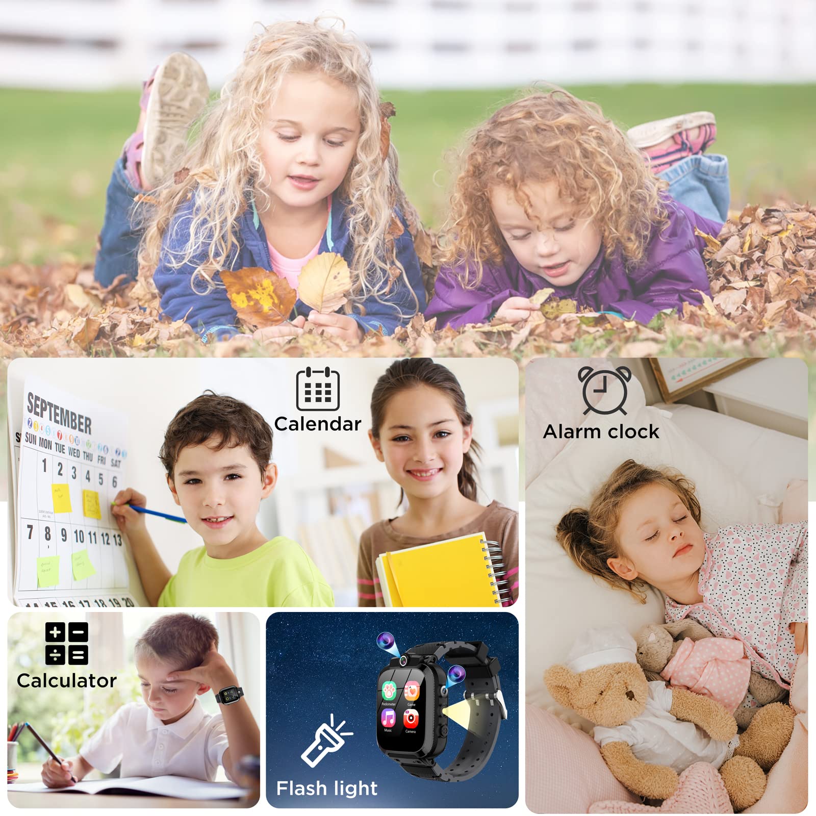 Smartwatch Bambini, 24 Giochi, Contapassi Calorico, Lettore Musicale, Orologio Smartwatch Bambini con 2 Fotocameras,Torcia Sveglia, 2-13 anni Bambino Festiva Regalo[Scheda SD integrata]