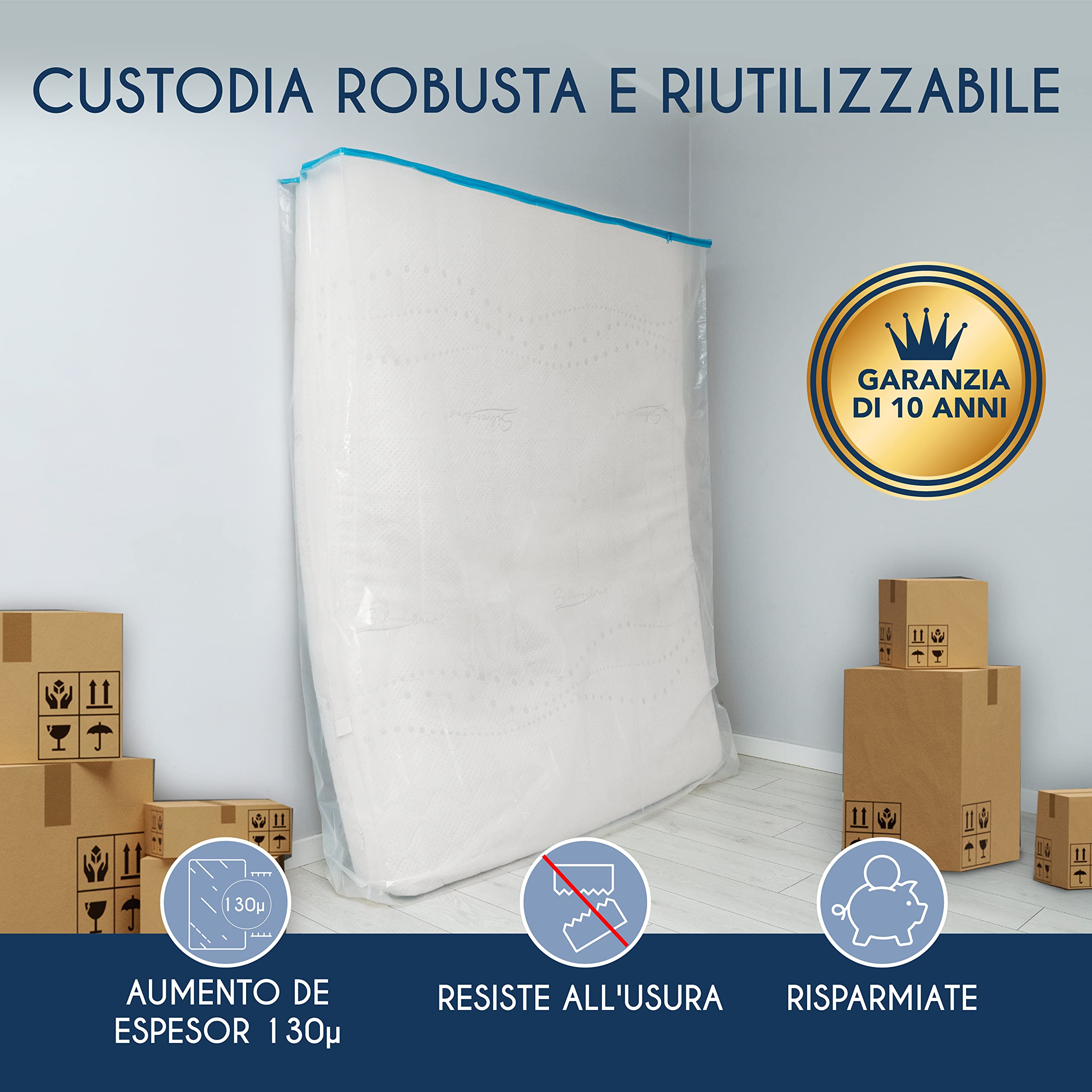 Custodia Materasso in Plastica per Materasso 140x200 cm (Spessore 30 cm) - Sacco Materasso con Chiusura a Cerniera - Protezione Materasso per Conservazione, Trasloco - Impermeabile e Resistente