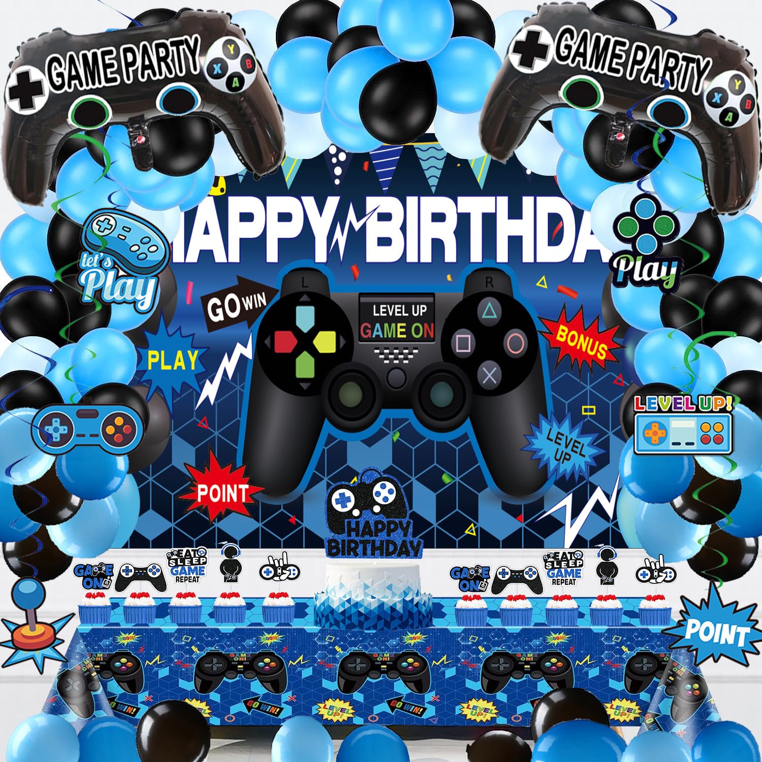 75Pieces Video Game Party Supplies Set: Decorations with Happy Birthday Gaming Backdrop, Hanging Swirls, TableCovers, Cake Topper, Foil Gamer Balloons