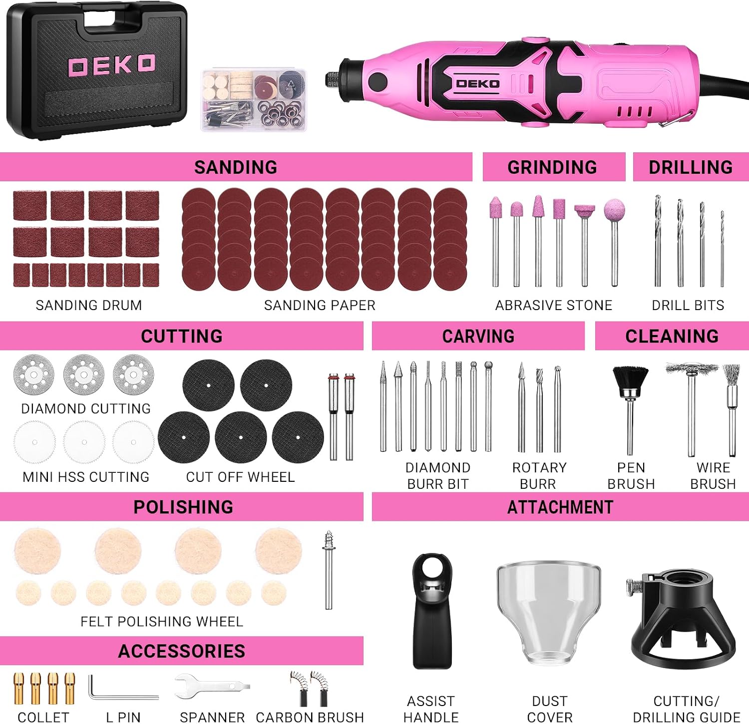 Rotary Tool Kit:DEKOPRO 1.4-Amp Power Hand Rotary Tools with 6 Variable Speed, 127pcs Accessories, 8000~35000RPM Electric Grinder Drill Machine Set with Flex Shaft for Carving, Cutting, Sanding Pink