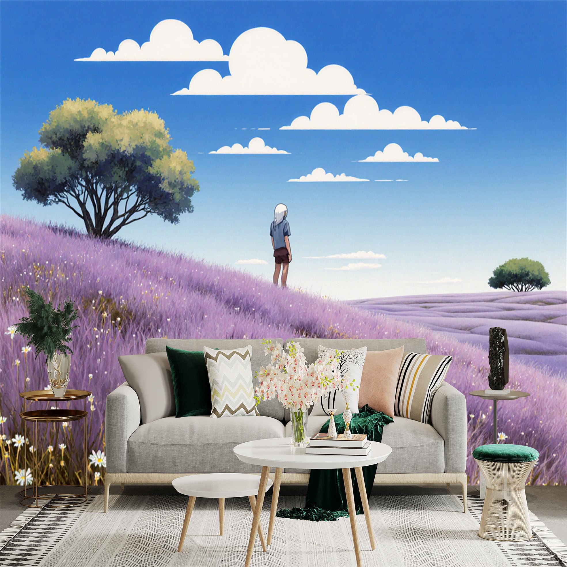 Lnzczhyre Xc260505486 Custom Size Wall Sticker Mural， Dreamy Purple Wildflower Meadow， Solitary Person Standing On Hill， Fluffy Clouds In Blue Sky， Landscape Art， For Wall Decoration， Peelandstick Wall Decals.