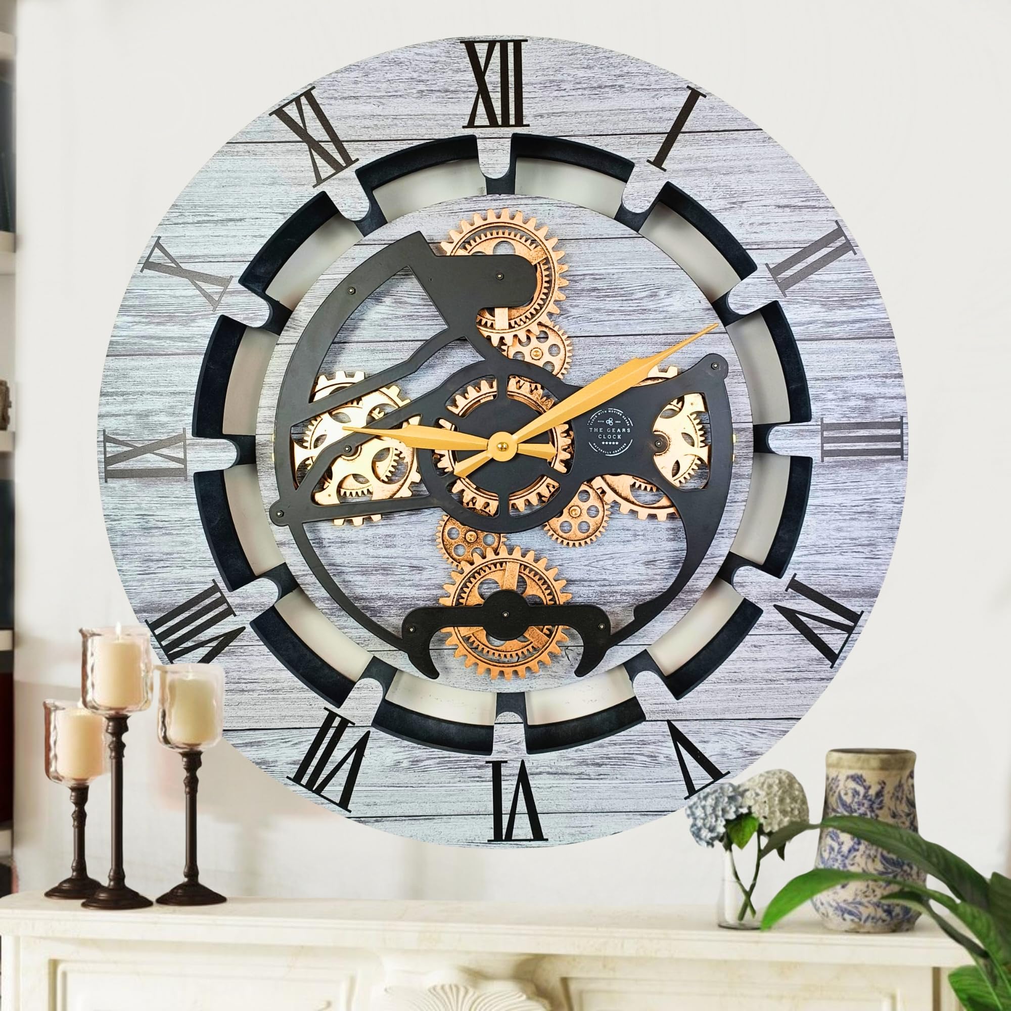 THE GEARS CLOCK Wanduhr mit echten beweglichen Zahnrädern Canada Line 60 cm rund (Silbergrau, 60 cm)