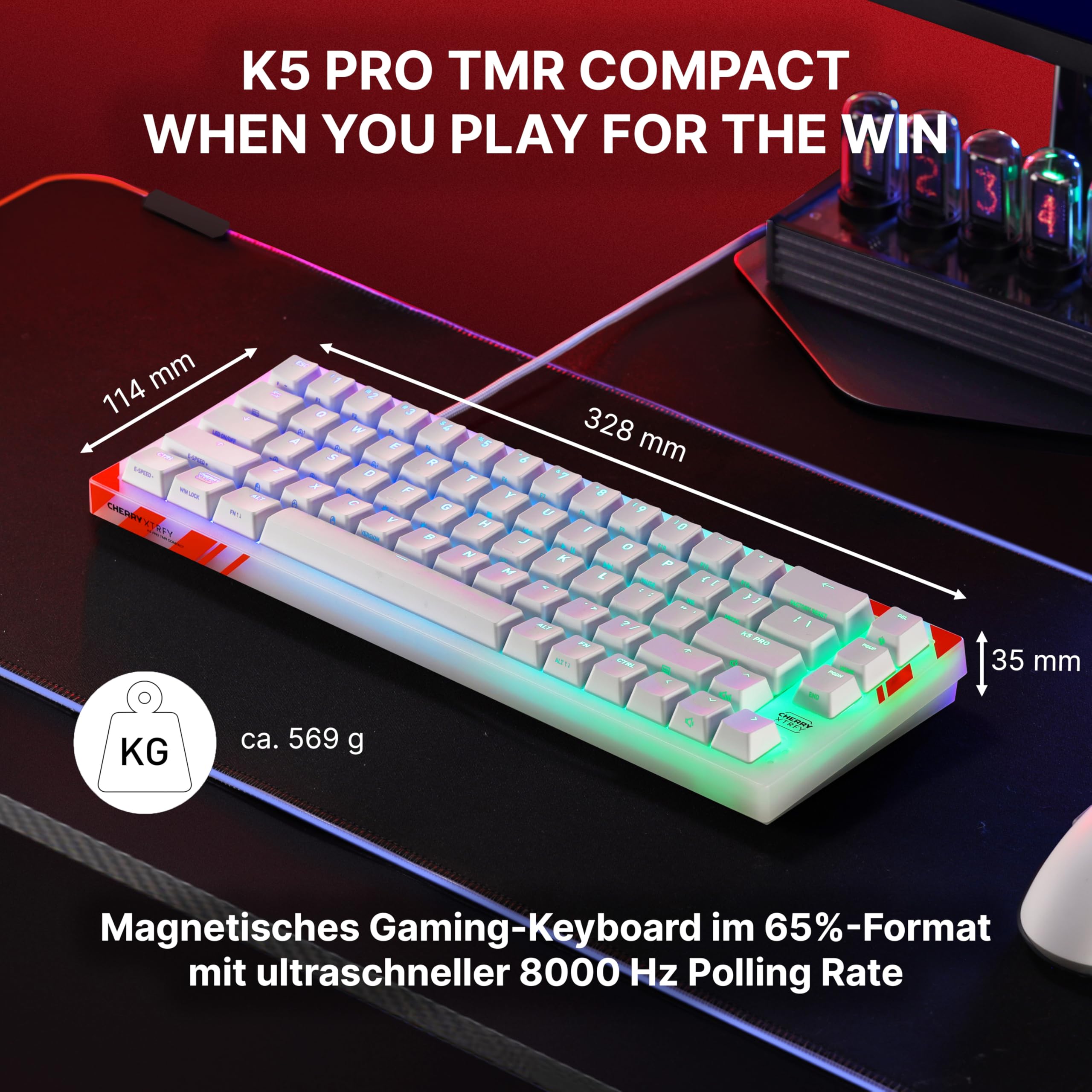 K5 Pro TMR Compact, Gaming-Tastatur, Deutsch QWERTZ, Weiß | Kabelgebunden (USB-A), Magnetische Anpassbare MK CRYSTAL Switches, Hot-Swap, Rapid Trigger, SnapKey, Schalldämpfung, 8000 Hz