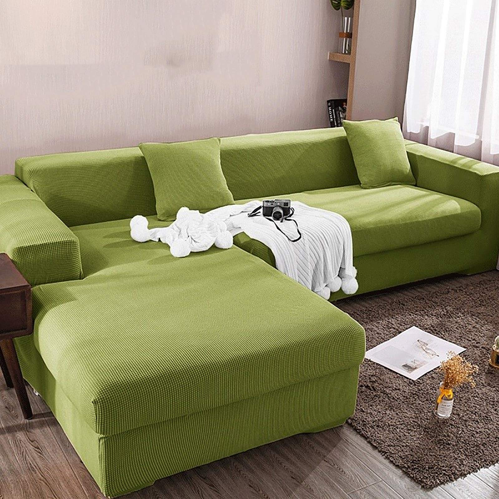 Housse de canapé d'angle extensible anti-tache pour protéger grand canapé 4 places