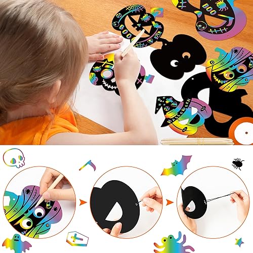 Miniatura 3 de BeYumi Juego de 72 piezas de papel de rascar de calabaza de Halloween para niños, papel mágico para rascar, tarjetas de máscara de manualidades,