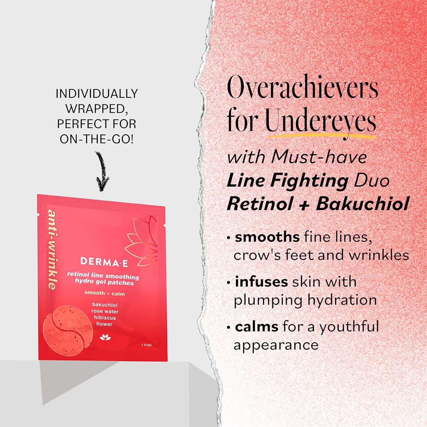 DERMA E Retinol + Bakuchiol Under Eye Patches (5 Pairs) Non-Irritating, Line Smoothing Hydro Gel Eye Patches with Rose Water & Real Hibiscus Petals, Helps Reduce Fine Lines, Crows Feet & Wrinkles,10Ct - Image 3