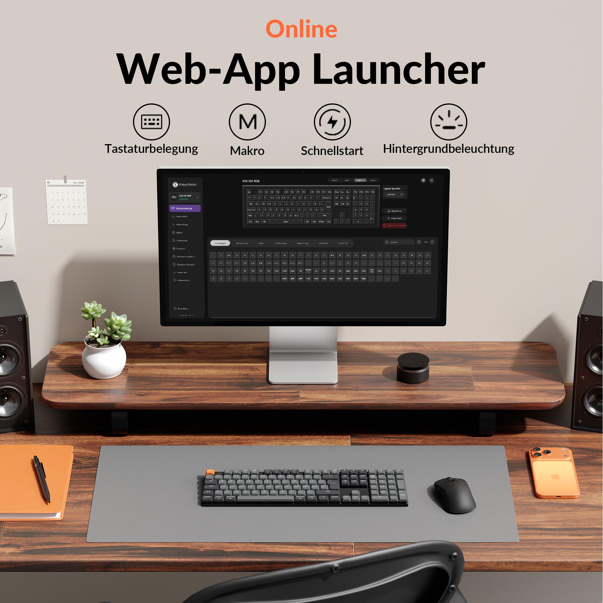 Keychron K5 Version 2 QMK Kabellose Low-Profile Tastatur, 100%-ISO-DE-Layout, RGB, Bluetooth 5.2/USB-C, Shine-Through Tastenkappen, QWERTZ-Tastatur für Mac/Windows/Linux, Milk POM Braun Schalter