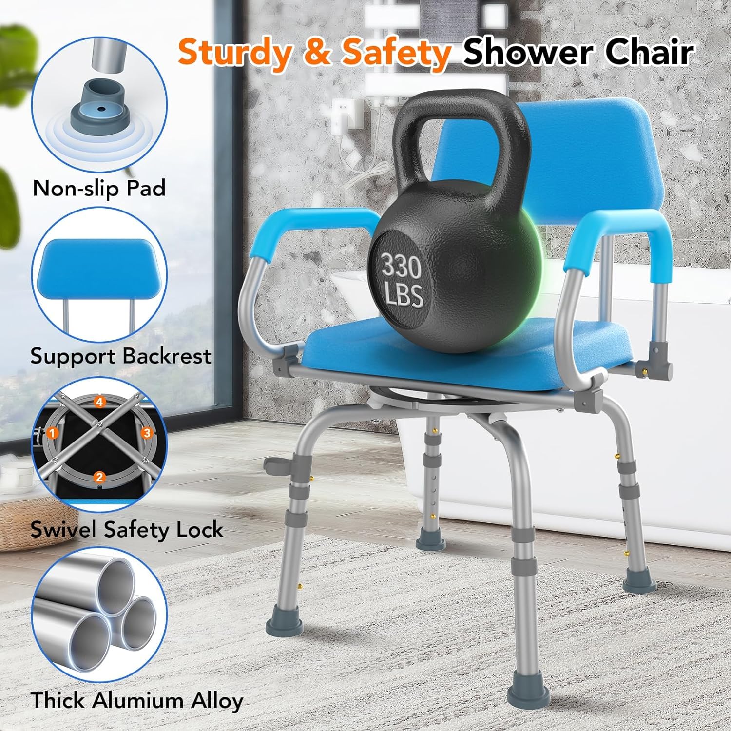Silla de ducha giratoria de 360° elegible para FSA/HSA para ducha interior, asiento de ducha ajustable con brazo giratorio, asiento de baño para bañera, silla de bañera para discapacitados para