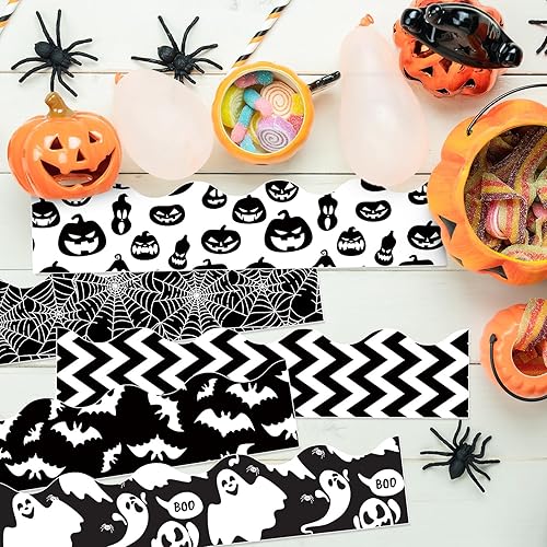 Miniatura 4 de AnyDesign 60 calcomanías para tablón de anuncios de Halloween, color blanco y negro, con patrón de calabaza, fantasma, murciélago, telaraña, borde