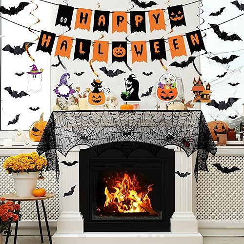 Miniatura 3 de Juego de decoraciones de Halloween para interiores  Decoración festiva de Halloween, pancarta colgante de remolinos y telaraña, camino de mesa y
