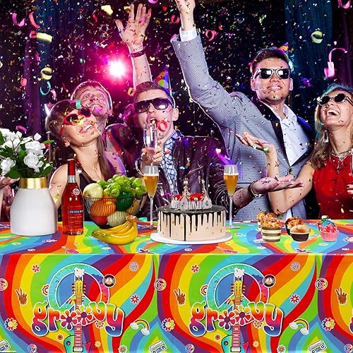 Miniatura 7 de Tiamon 3 manteles de plástico estilo hippie retro para mesa rectangular, decoraciones de fiesta de arco iris desechables para fiestas de los años 60