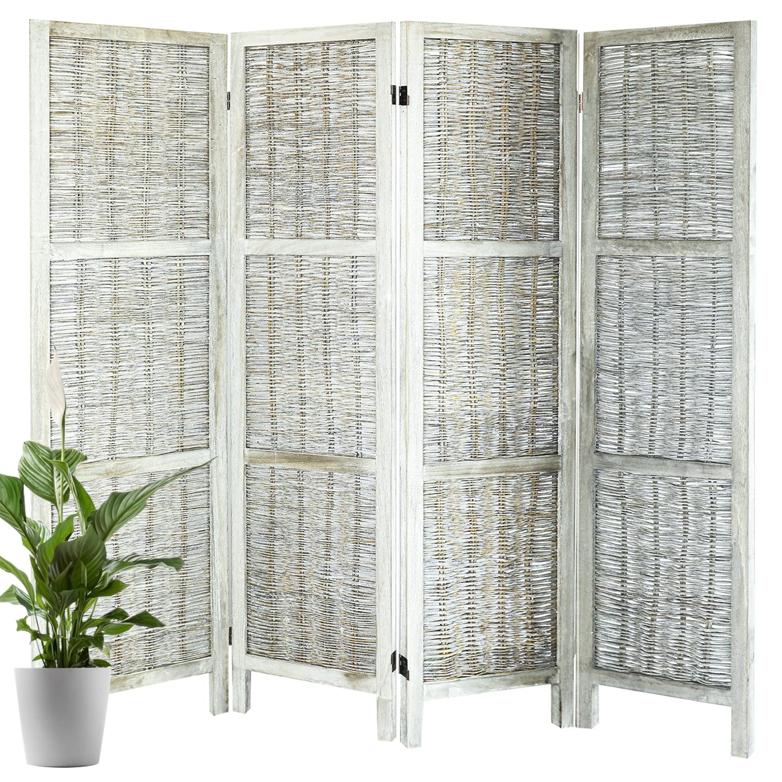 Buy Wood Room Dividers 4 Panel 5.6 FT Tall HandWoven White Room