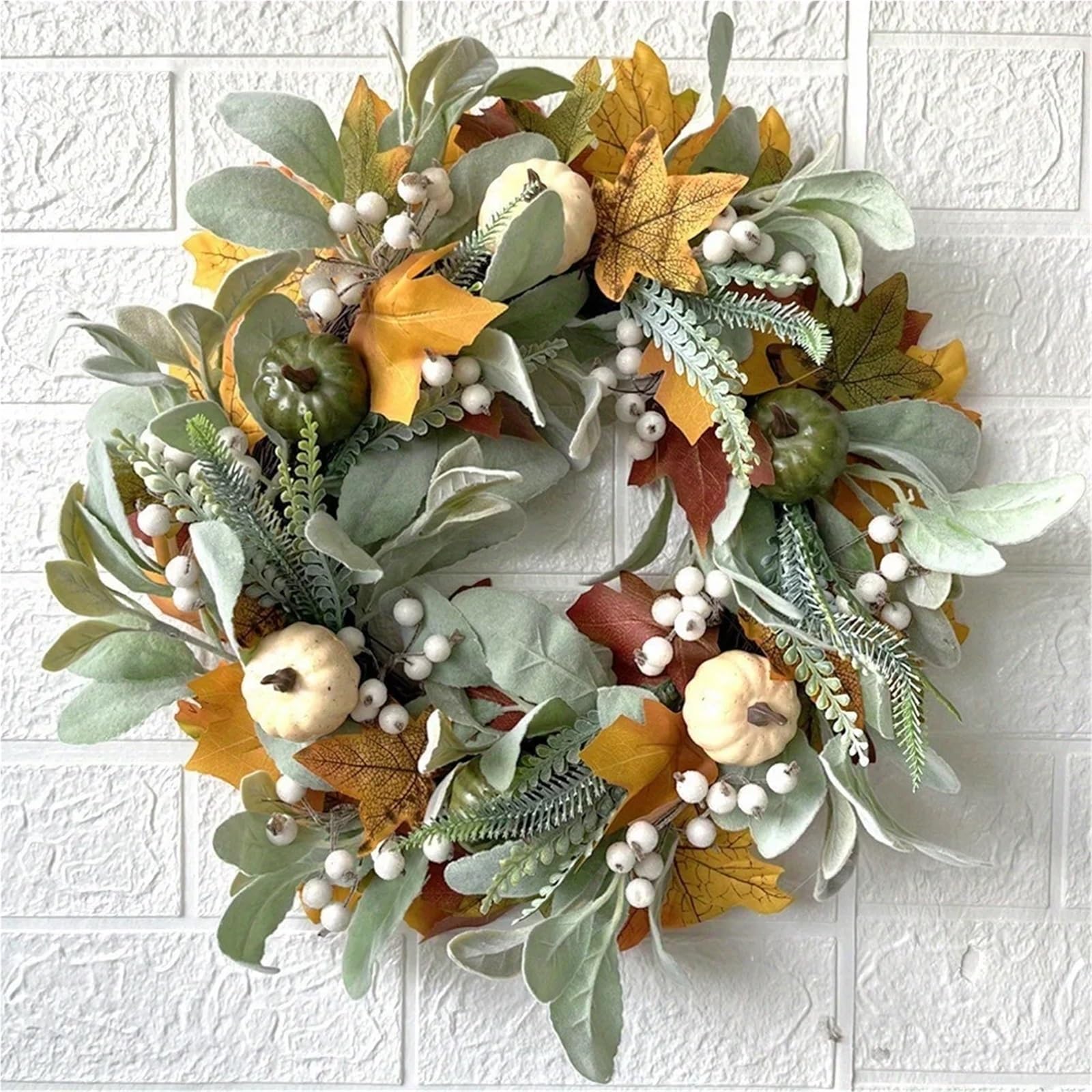 Couronne de Porte Couronne de Feuilles d'érable artificielles, Guirlande Porte en Citrouille Blanche for Halloween, Thanksgiving, Ornements Suspendus pour la décoration
