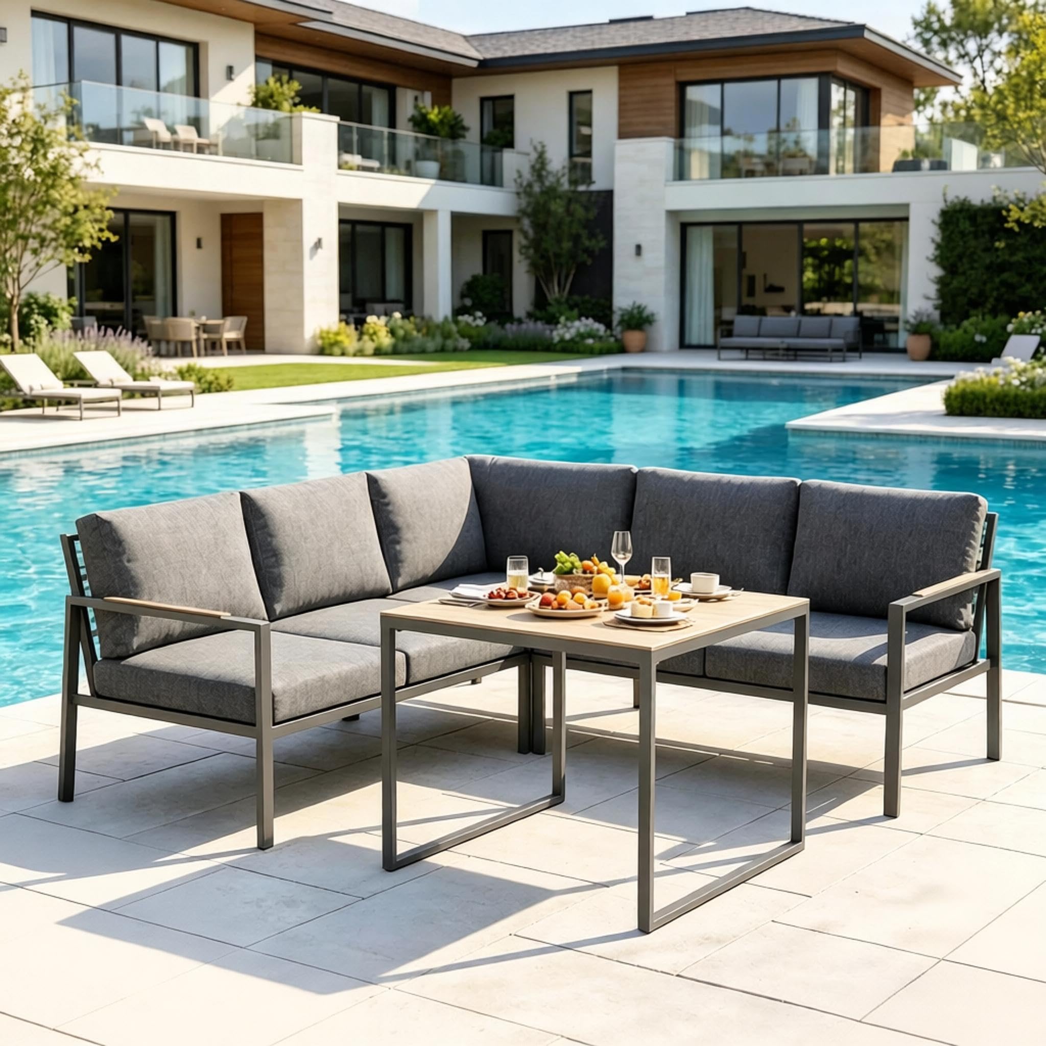Gartenlounge Set Outdoor Ecksofa L-Form 5 Sitzer mit Glastisch, Wetterfestes Lounge Möbel Set aus Metall mit Polsterkissen, Modulares Gartensofa für Terrasse Balkon Garten, Dunkelgrau