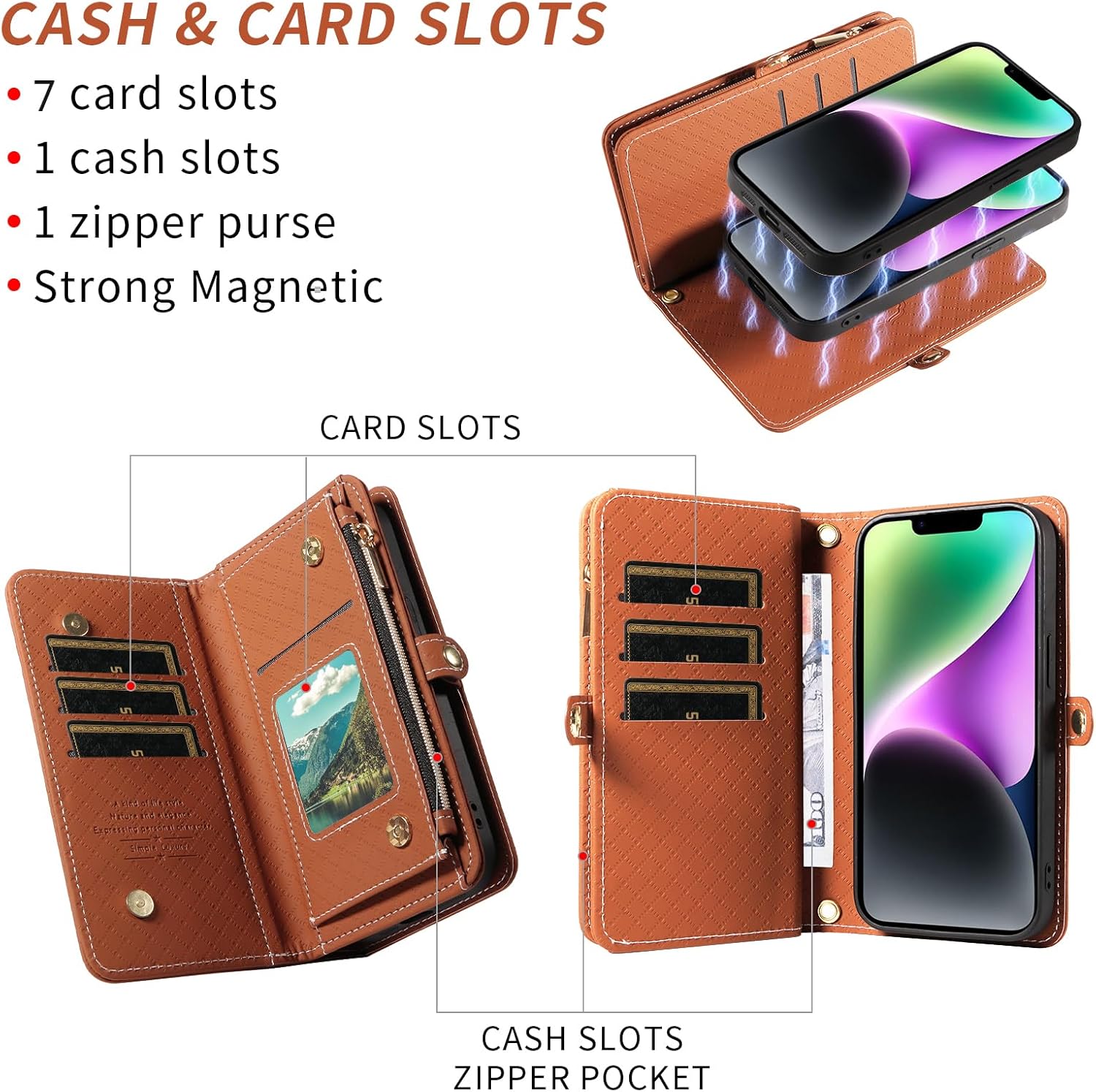 Asuwish Phone Case for iPhone 14 6.1 inch Zipper Wallet Detachable Cell Cover with Tempered Glass Screen Protector Crossbody Strap Flip Card Holder iPhone14 5G i i-Phone i14 14Case Women Girls Brown