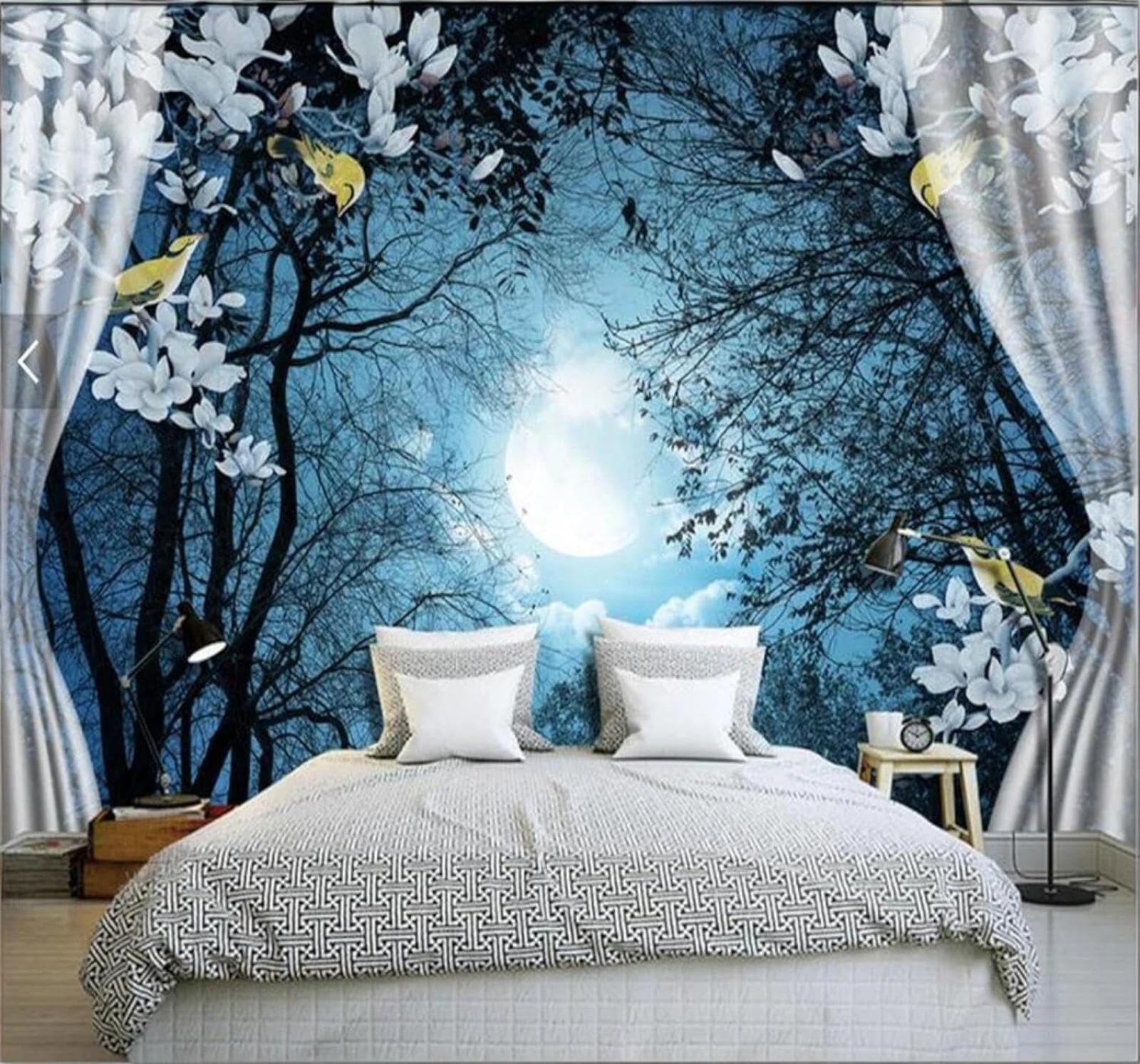 Tzxztt 150Cm×105Cm(B×H) Curtains Flowers And Birds Trees Moon Night Scene Modern 3D Wallpaper Premium Textured Silk Neutral Tones Material Ideal For Living Room Bedroom-150Cm×105Cm