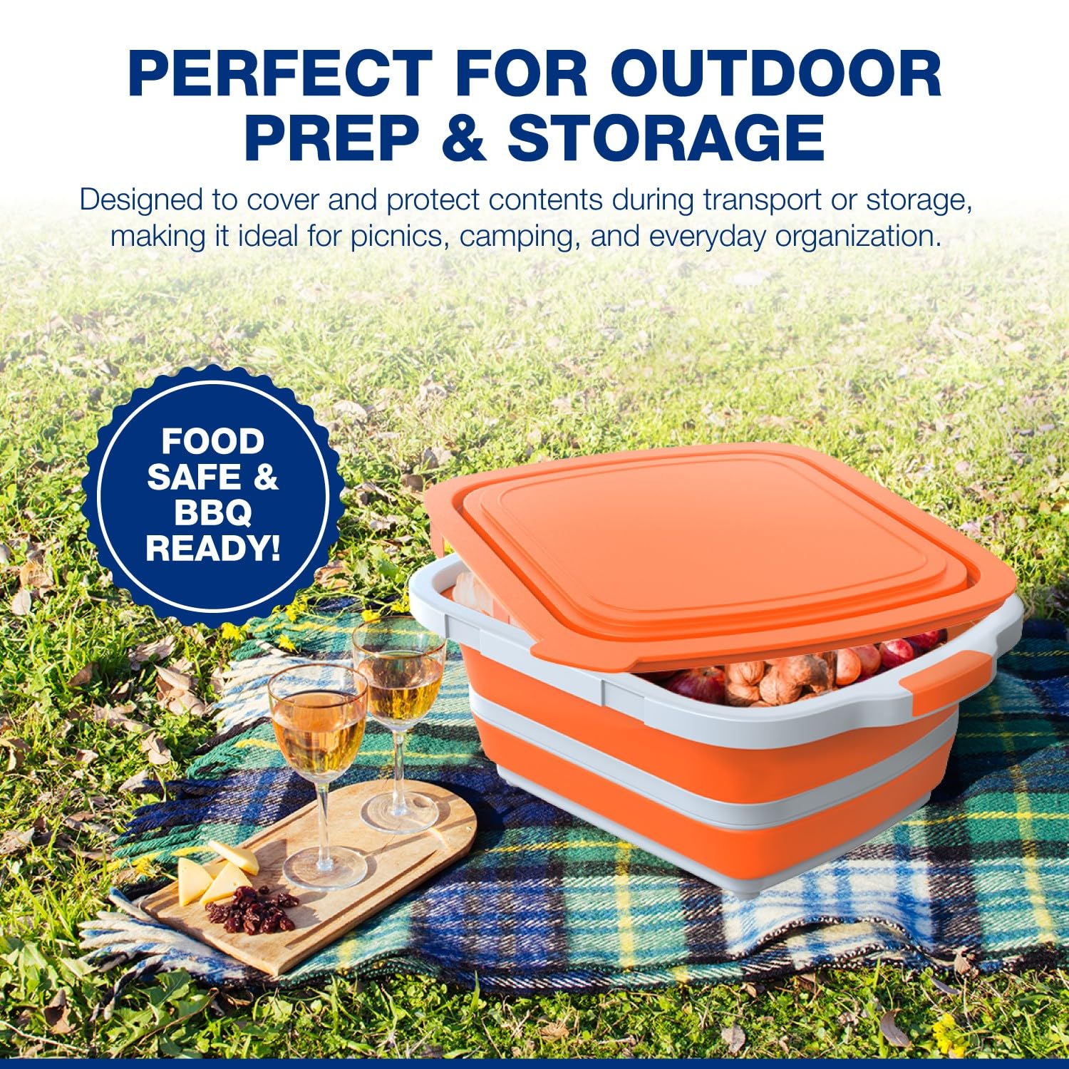2er Pack XL Faltbarer BBQ Prep Tub mit integriertem Schneidebrett, Deckel & Sieb - Marinieren, Abtropfen & Vorbereiten - Großer lebensmittelechter Behälter - Perfekt zum Grillen, Räuchern & Kochen im