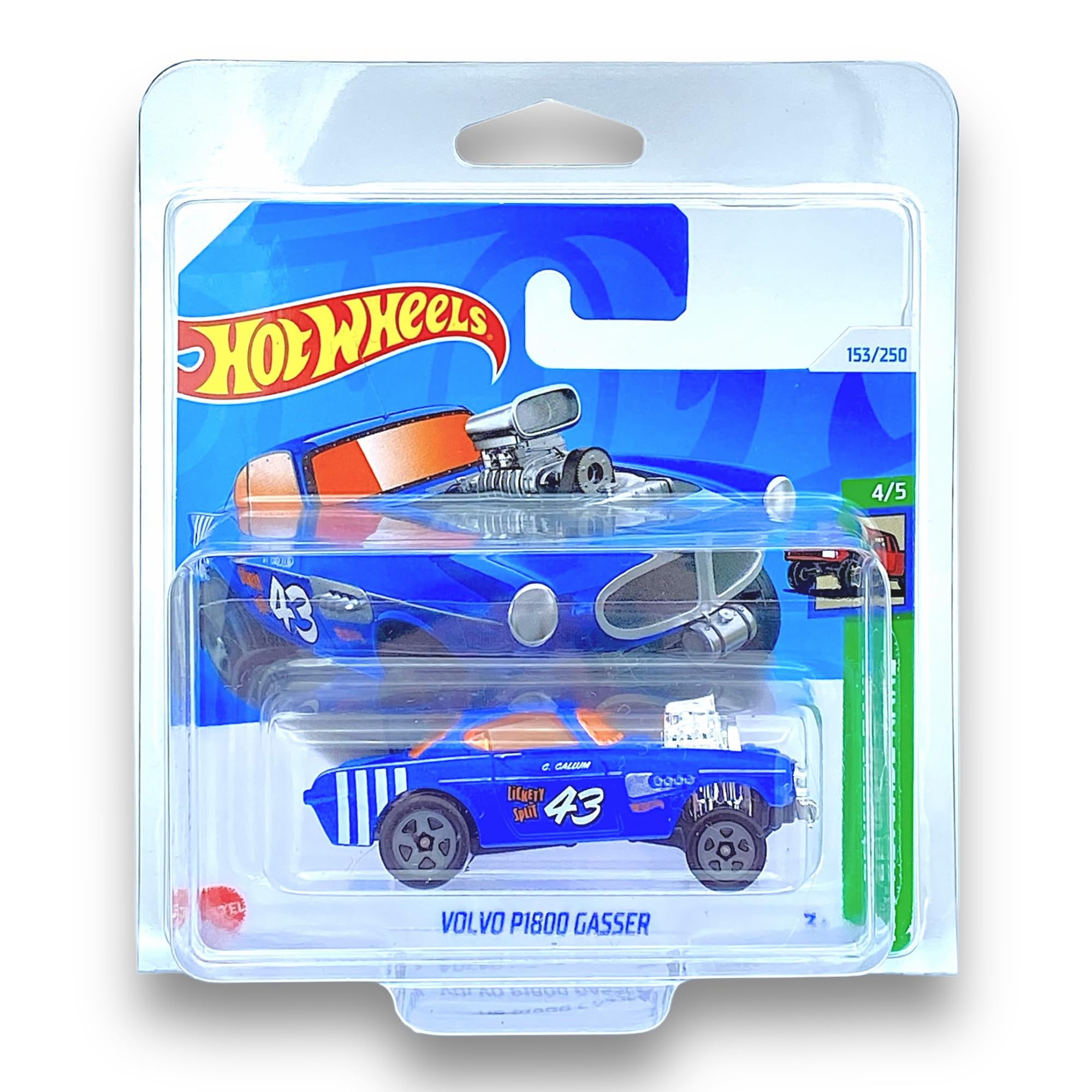 Hot Wheels Volvo P1800 Gasser (Blue & Orange) 4/5 HW Reverse Rake - 2024-153/250 (Short Card) - COMES IN A GENUINE KLAS CAR KEEPER PROTECTOR CASE - HTB92
