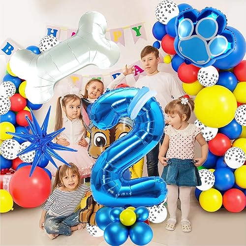 Miniatura 3 de Kit de arco de guirnalda de globos de 158 piezas con números azules de 40 pulgadas, globos de papel de aluminio con estampado de huellas de perro