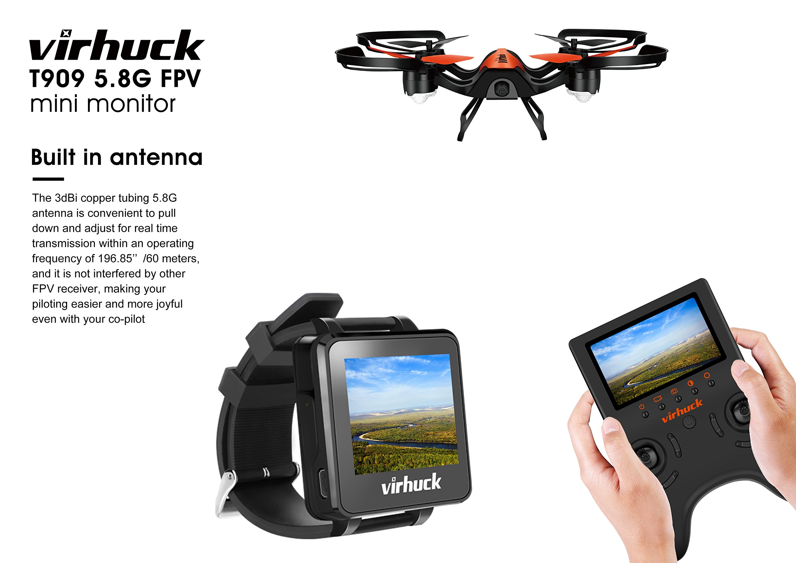 virhuck t909 2 tft lcd fpv monitor watch 5.8ghz 32ch in stock