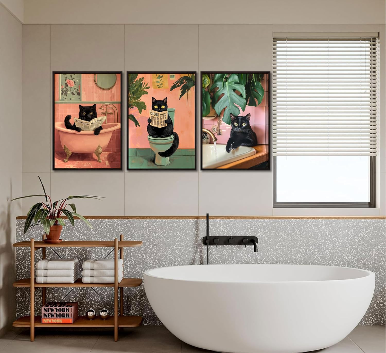 3Pcs Pink Bathroom Cat Wall Art Black Cat Sitting on Toilet Reading Canvas Posters Funny Cat Bathroom Prints Pink Animal Pictures Green Botanical Painting Wall Decor for Bathroom Toilet Unframed