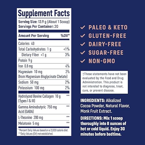 Miniatura 2 de NativePath Colágeno PM - Polvo de péptidos de colágeno nocturno de chocolate con magnesio, GABA, L-teanina y melatonina, 20 porciones