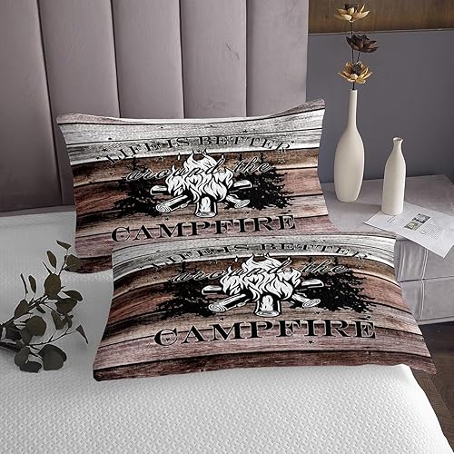 Miniatura 3 de Juego de colcha para cámper, tamaño Queen para niños, niñas, juego de edredón de campamento feliz, colcha vintage de madera de granja, colcha de