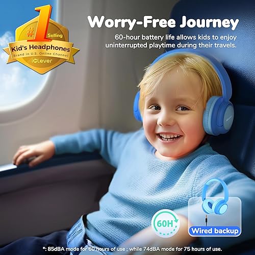 Vista 2 de iClever BTH22 - Auriculares Bluetooth para niños, tiempo de reproducción de 60 horas, carga rápida USB C, Bluetooth 5.4, cable AUX, volumen seguro