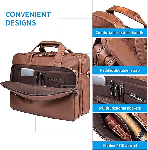 Vista 2 de seyfocnia Bolsa de cuero para laptop, para hombre, 15.6 pulgadas, 17.3 pulgadas, maletín de mensajero, bolsa de negocios, bolso de computadora